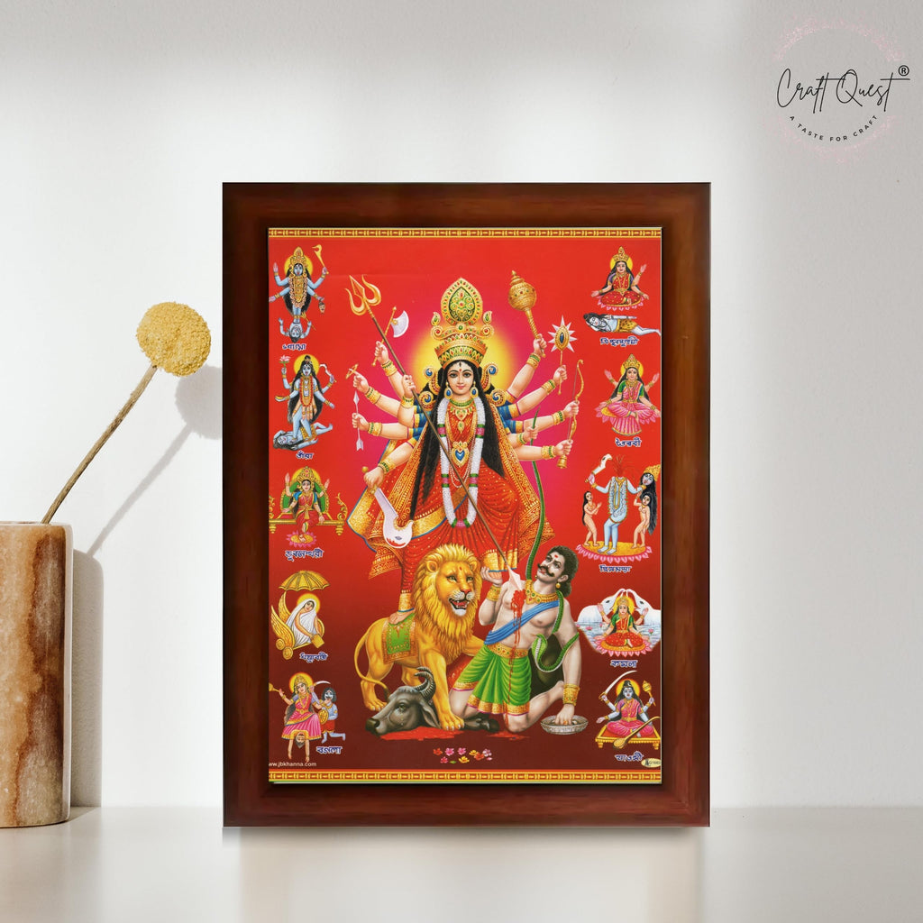 CRAFT QUEST Durga mata Mahishasura Mardini | Mahisasur Mardhini Durga Framed, Religious Photo Frame With Acrylic Glass