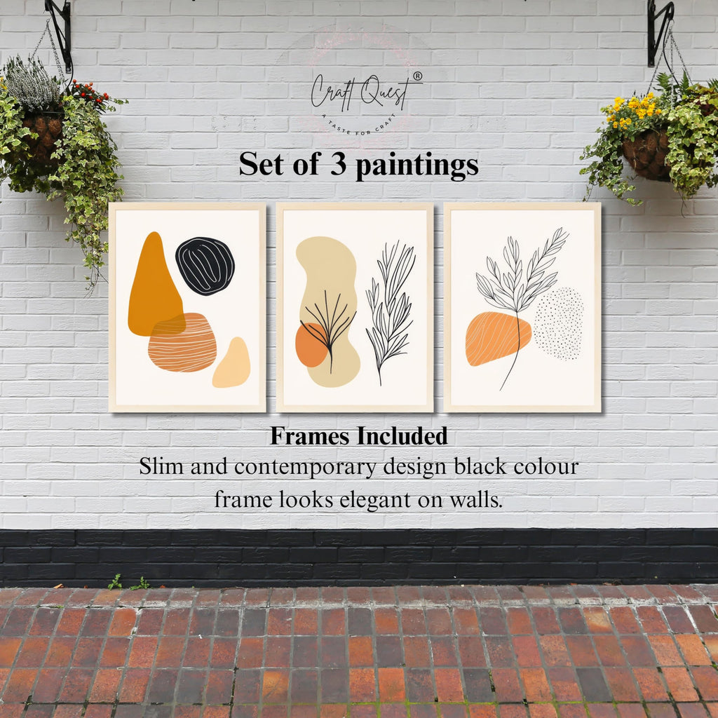 CRAFT QUEST Organic Abstract Line Art Modern Art | Set of 3 Frames for Home Decoration | Ideal for Living Room, Bedroom & Offices