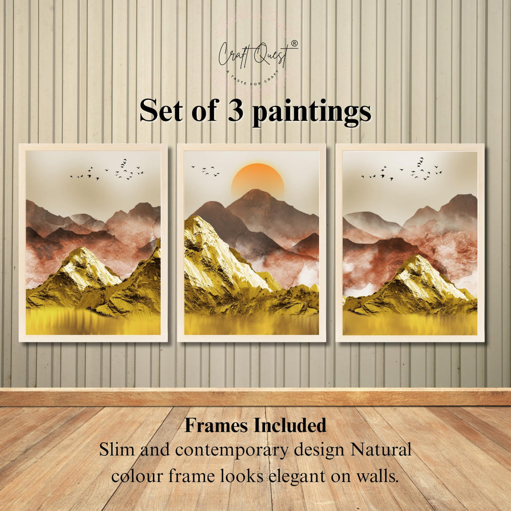 CRAFT QUEST Modern Art Mural Landscape Golden Mountains & Birds Wall Art | Set of 3 Frames for Home Decoration | Ideal for Living Room, Bedroom & Offices
