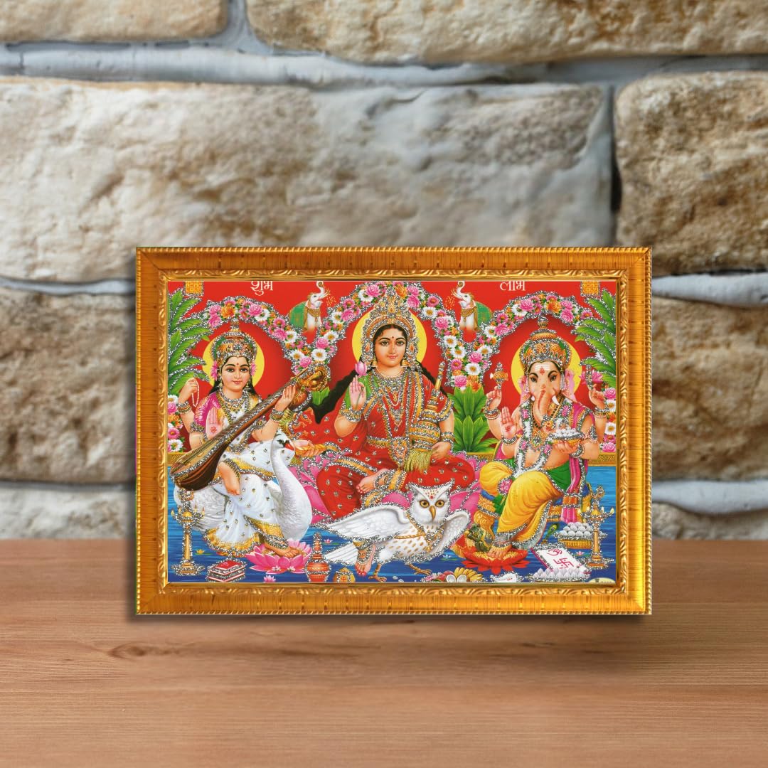 CRAFT QUEST Lakshmi Devi with ganesh ji and saraswati maa Wall Painting Frame Home Decor (Synthetic, Sparkle Finish, Golden, Small Size, 6 X 8 Inch)