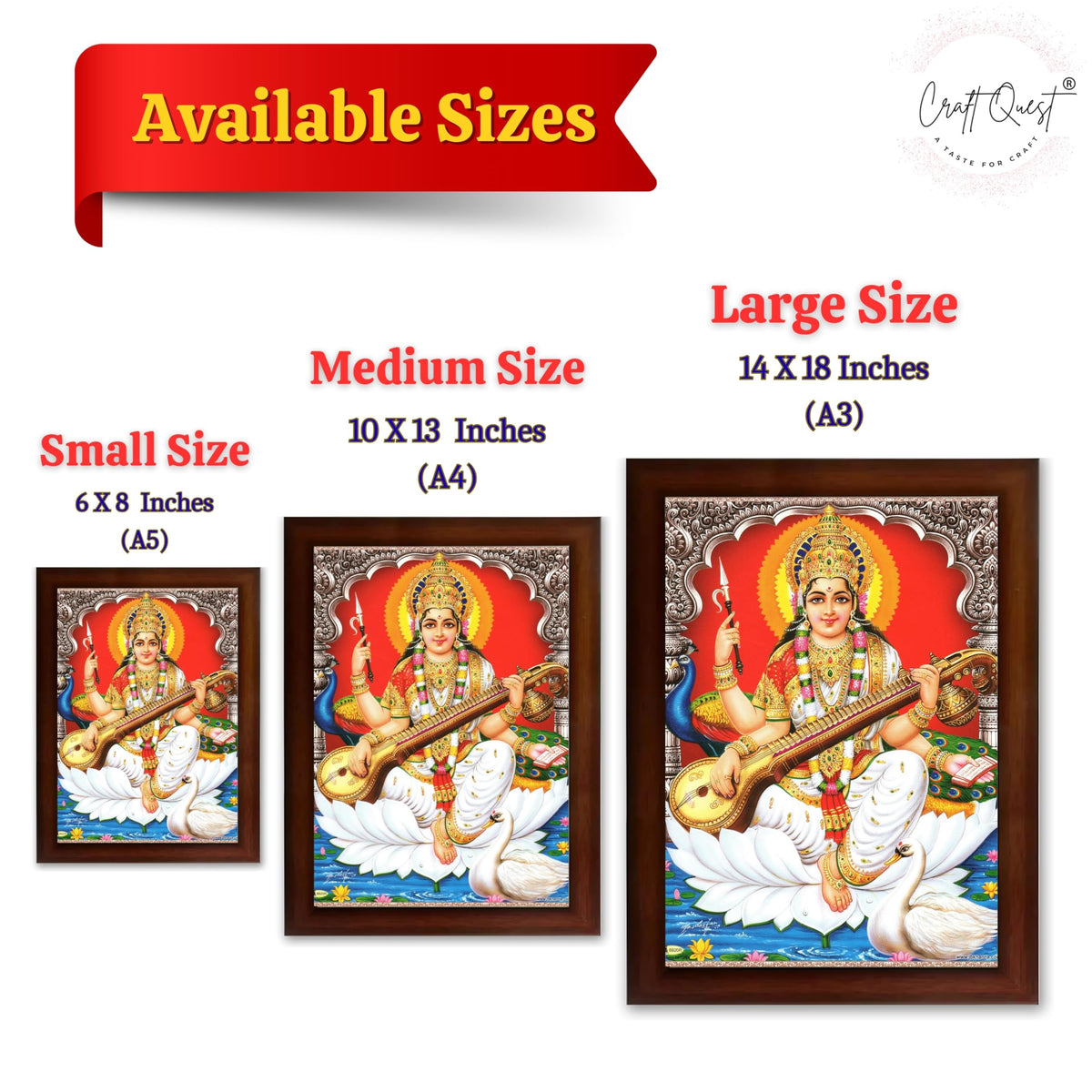 CRAFT QUEST Saraswati Devi Goddess Saraswathi Maa Wall Painting Sparkle Coated Framed Home Décor Synthetic wooden Frame