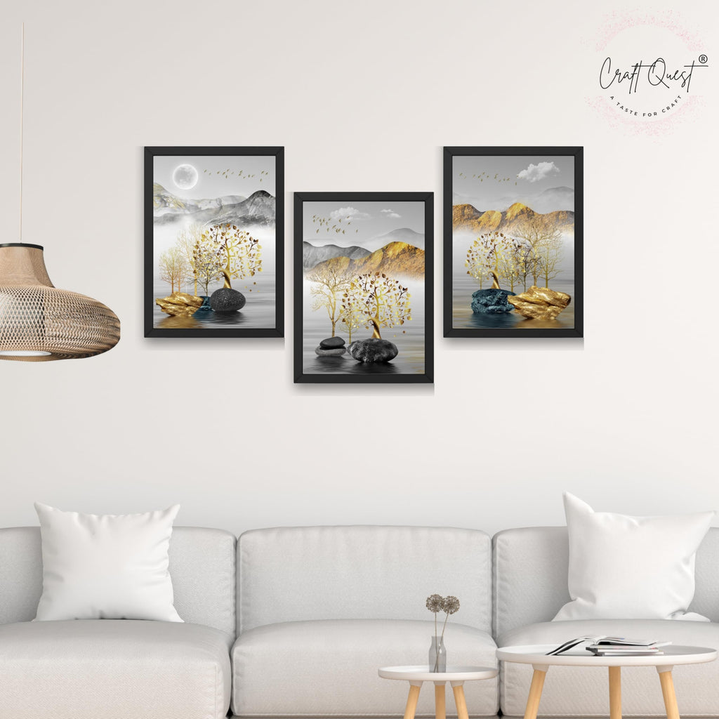 CRAFT QUEST Modern Art Landscape Golden Tree,Birds & Mountains Wall Art | Set of 3 Frames for Home Decoration | Ideal for Living Room, Bedroom & Offices