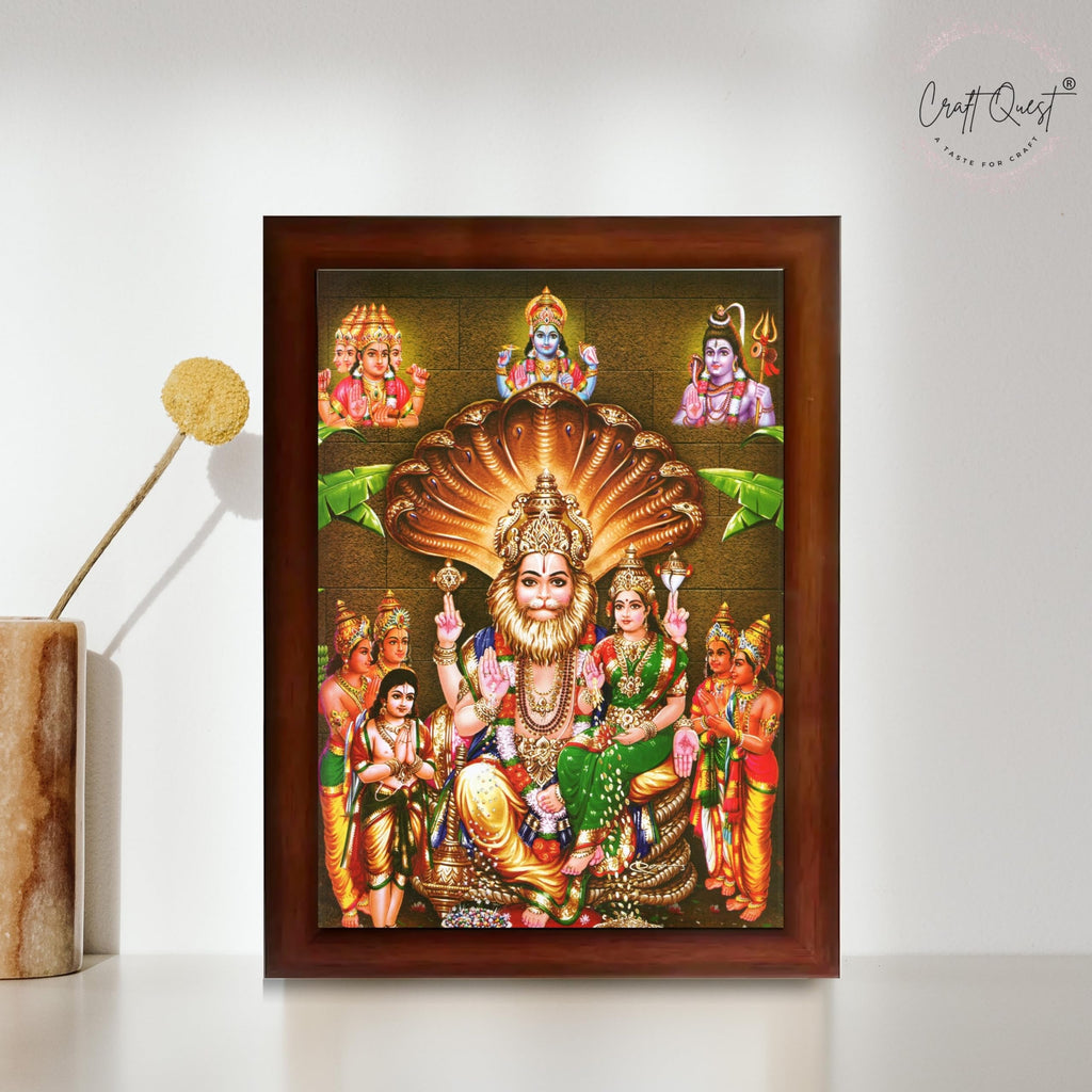CRAFT QUEST Lakshmi Narasimha Swamy Lord Narsingh Bhagwan Photo Framed | Religious Photo Frame | Ideal for Home, Office, Temple & Puja Room, Wall Decor