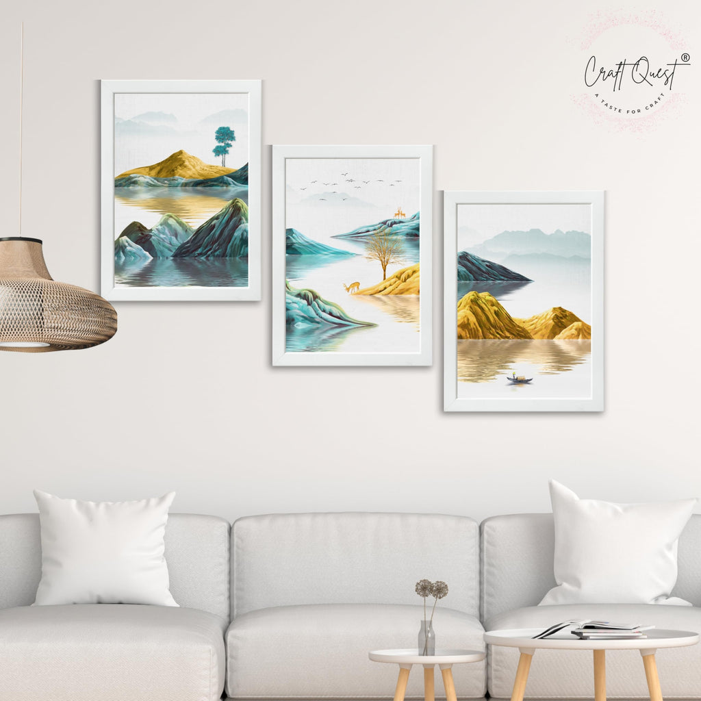 CRAFT QUEST Modern Art Abstract Geometric Gold Lines Wall Art | Set of 3 Frames for Home Decoration | Ideal for Living Room, Bedroom & Offices