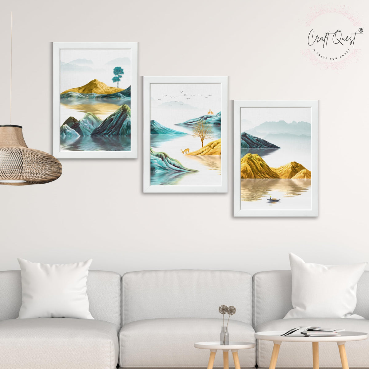 CRAFT QUEST Modern Art Abstract Geometric Gold Lines Wall Art | Set of 3 Frames for Home Decoration | Ideal for Living Room, Bedroom & Offices
