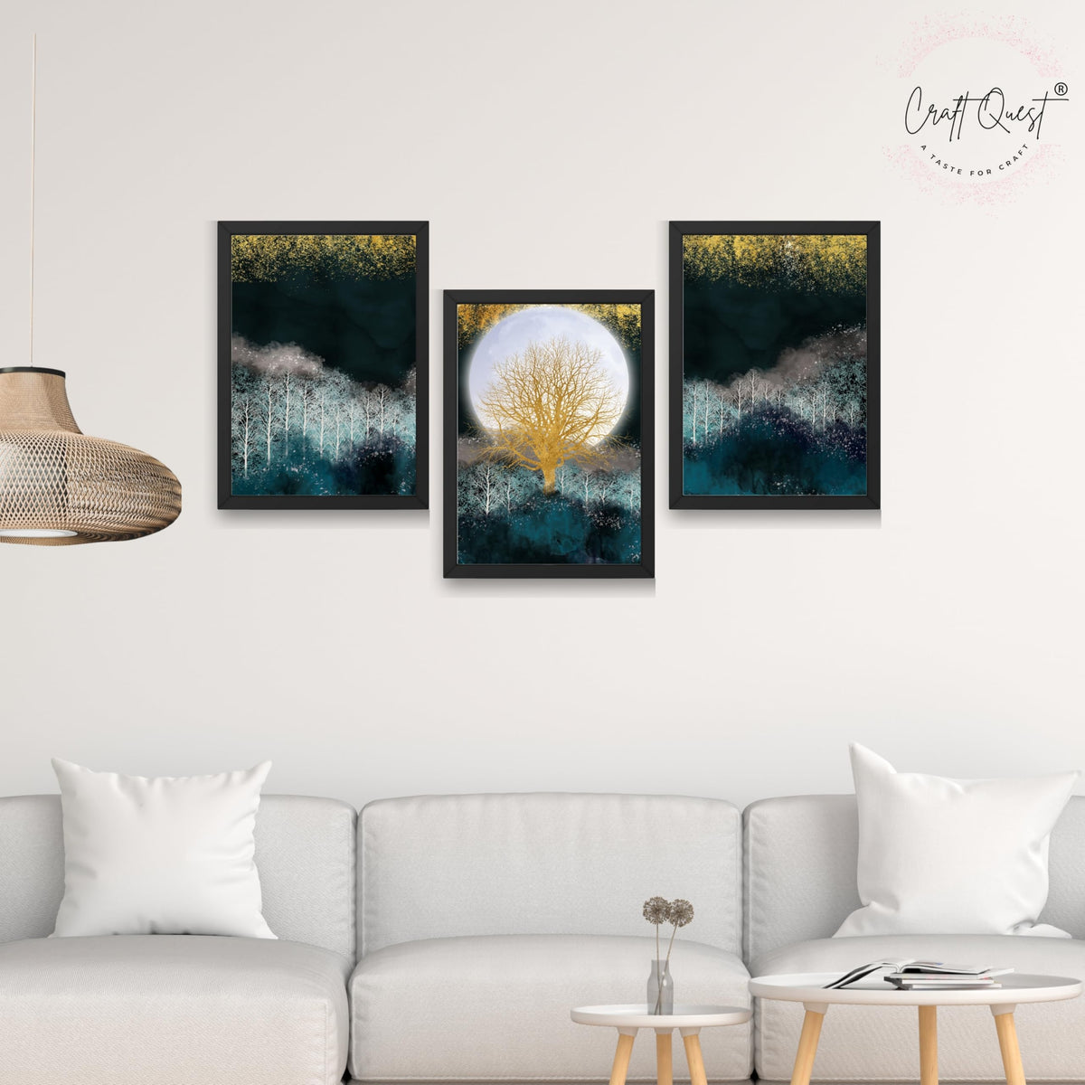 CRAFT QUEST Modern Art Christmas Trees & Mountains Landscape Wall Art | Set of 3 Frames for Home Decoration | Ideal for Living Room, Bedroom & Offices