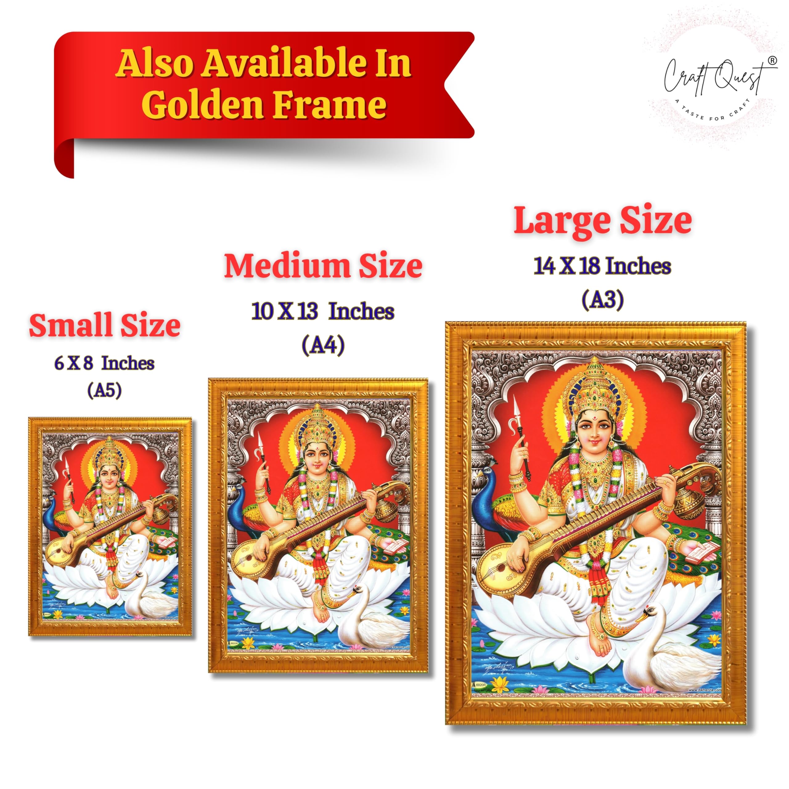 CRAFT QUEST Saraswati Devi Goddess Saraswathi Maa Wall Painting Sparkle Coated Framed Home Décor Synthetic wooden Frame