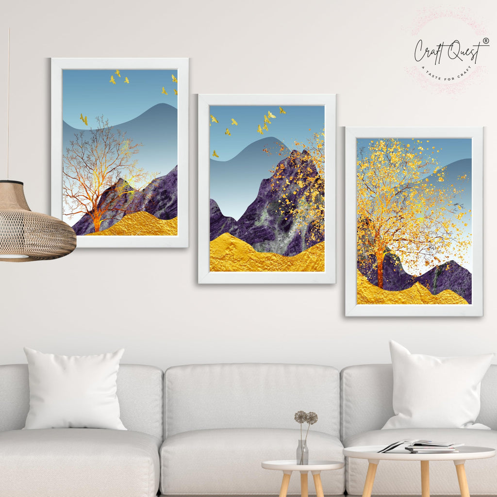 CRAFT QUEST Modern Art Abstract Porch Golden Trees Wall Art | Set of 3 Frames for Home Decoration | Ideal for Living Room, Bedroom & Offices