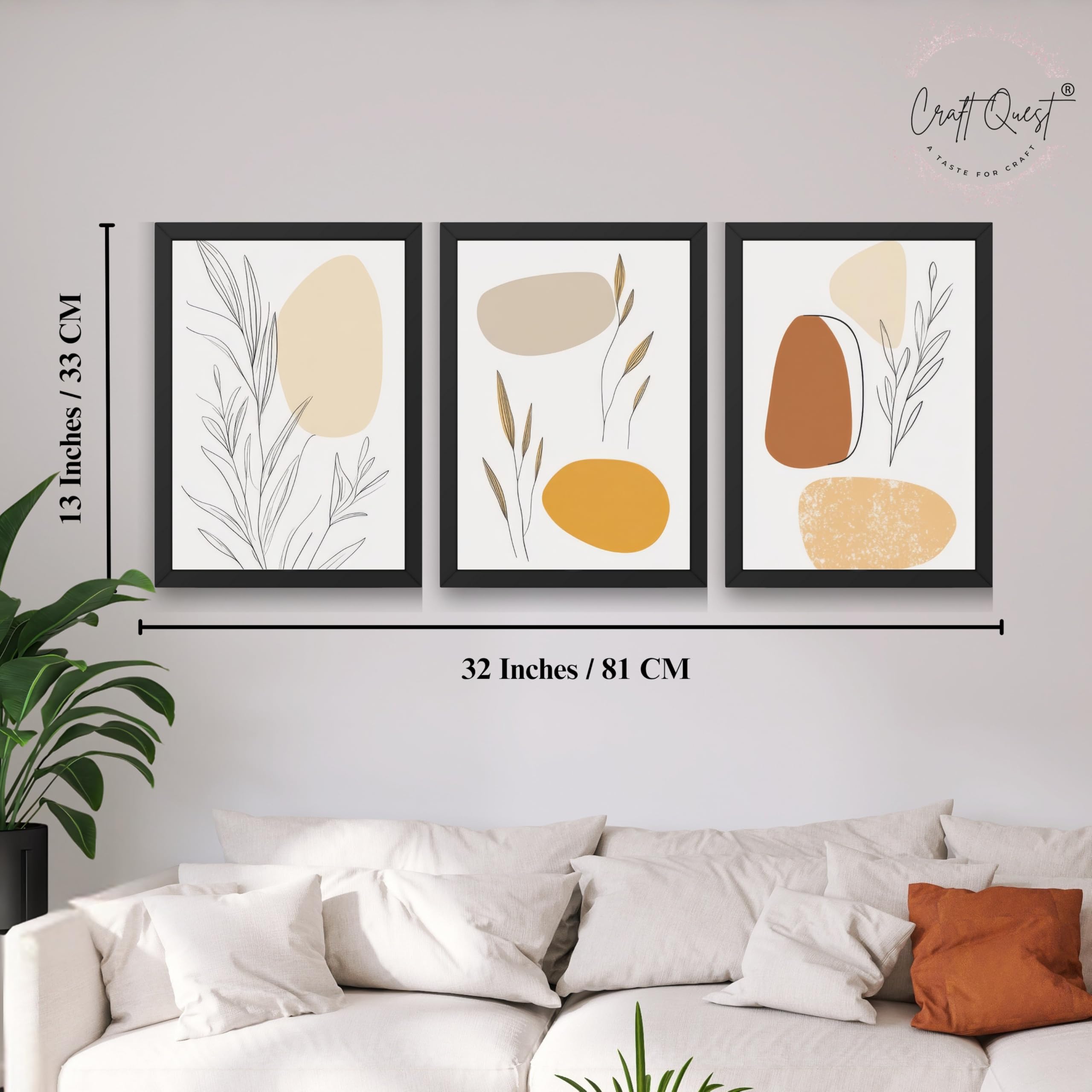 CRAFT QUEST Organic Abstract Wall Art Modern Art | Set of 3 Frames for Home Decoration | Ideal for Living Room, Bedroom & Offices