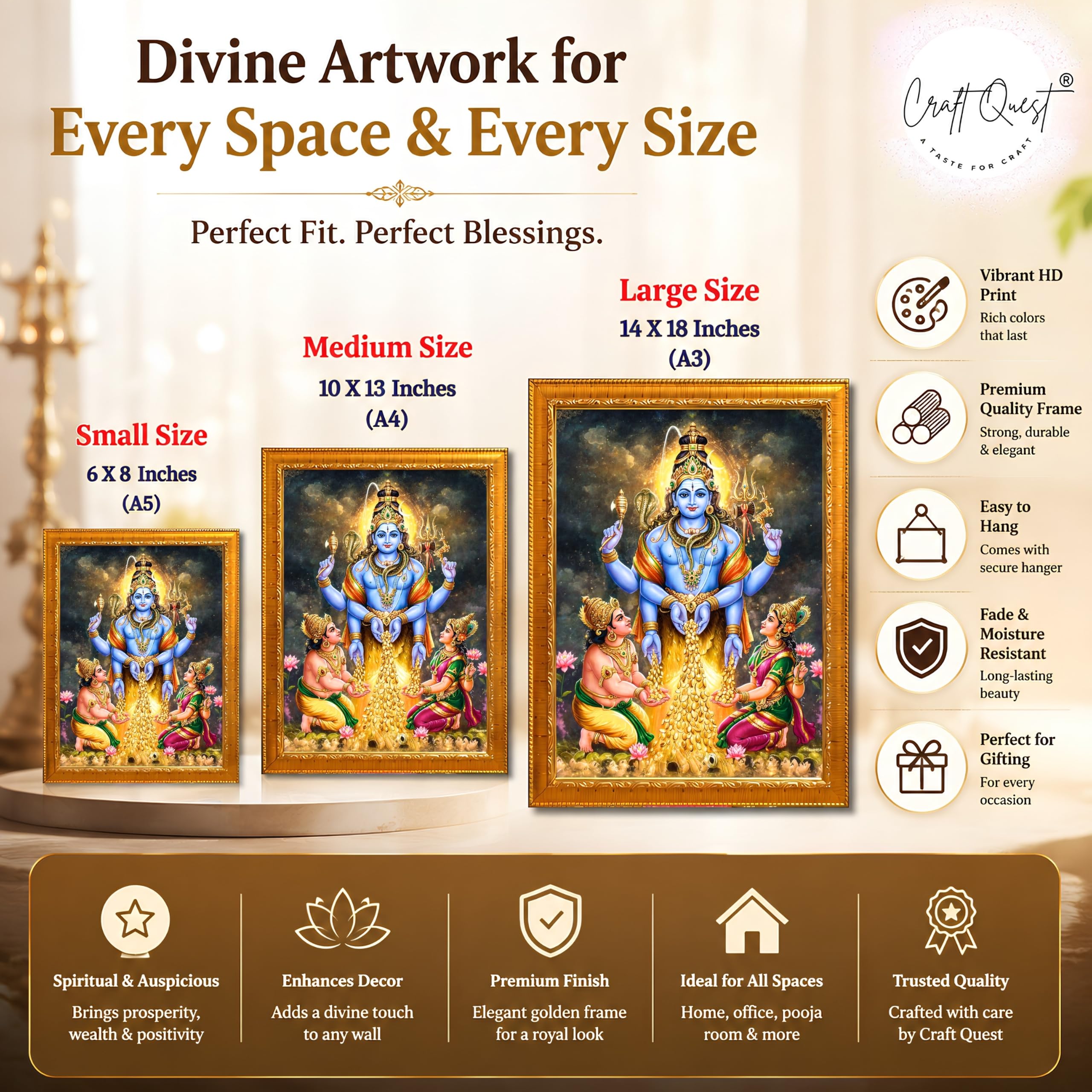 CRAFT QUEST Lord Swarnakarshana Bhairava Swamy With Lakshmi Devi and Kuber Bhagwan Religious Wall Photo Frame |Dhan Bhairav Frame for Home, Office, Temple & Gifting