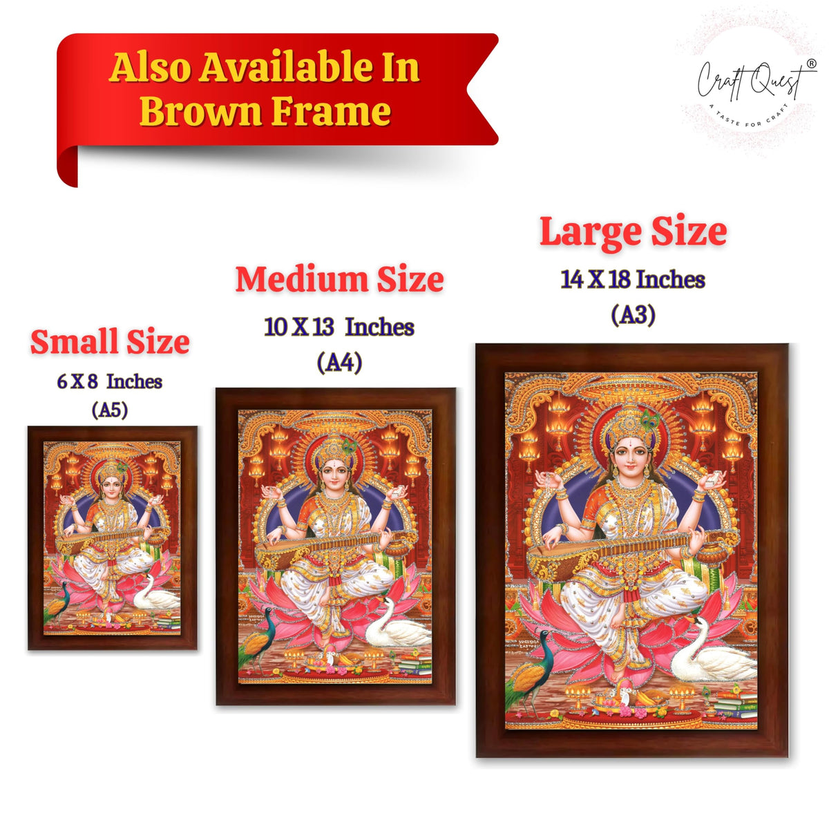 CRAFT QUEST Saraswati Devi Goddess Saraswati Maa Wall Painting Framed Home Decor wooden framed