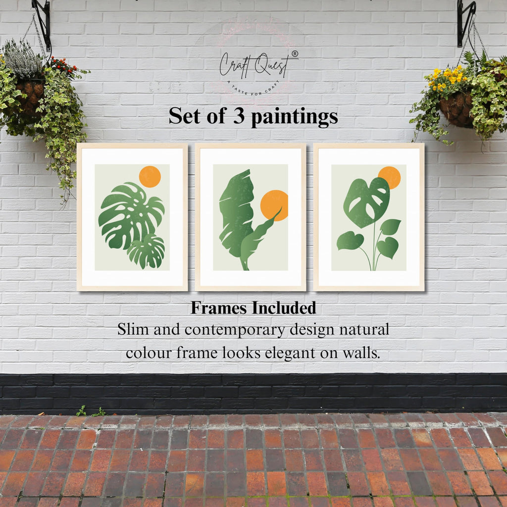CRAFT QUEST Nature Inspired Abstract Gradient Tropical Leaf Wall Art | Set of 3 Frames for Home Decoration | Ideal for Living Room, Bedroom & Offices