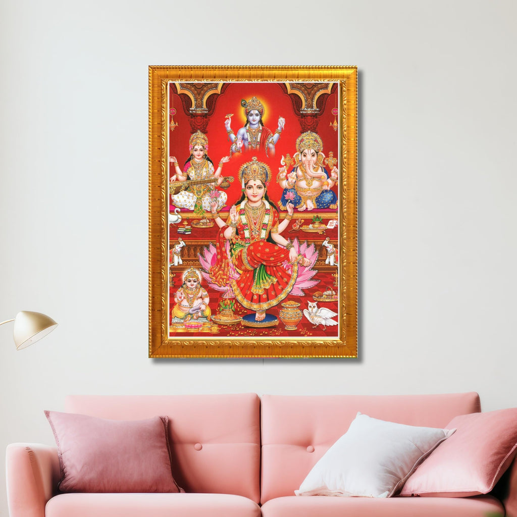 CRAFT QUEST Lakshmi Devi Ganesha Saraswati Ganesh ji Hanging Wall Painting Framed Home and Pooja Decor Hindu Bhagwan Devi Devta Photo Frame