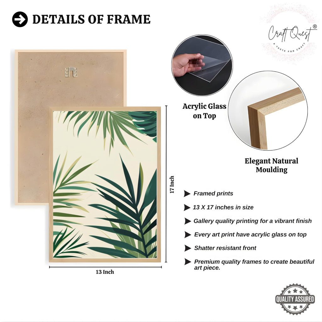 CRAFT QUEST Nature Inspired Tropical Palm Leaves Modern Wall Art | Set of 3 Frames for Home Decoration | Ideal for Living Room, Bedroom & Offices
