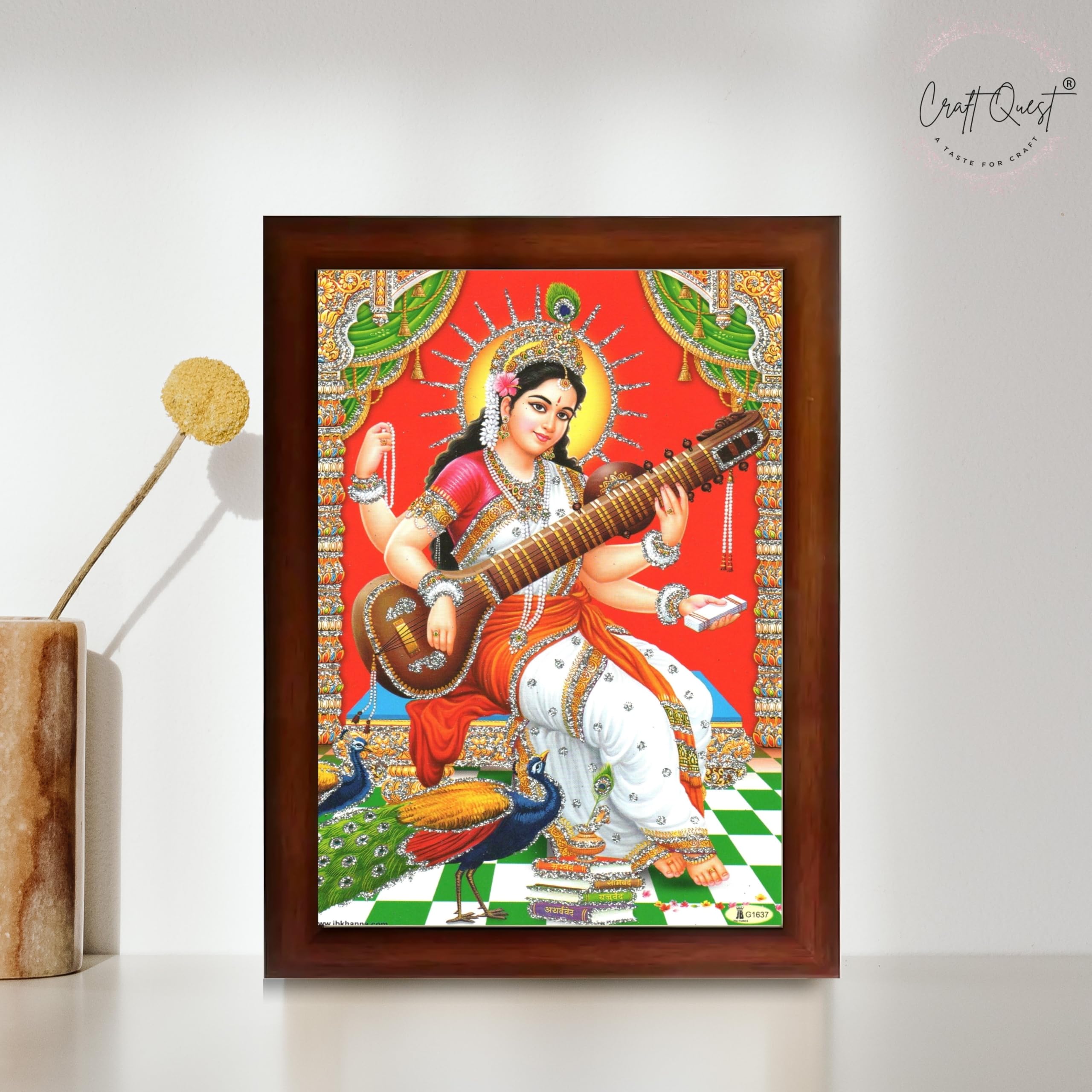 CRAFT QUEST Saraswati Devi Goddess Saraswati Maa Wall Painting Framed Home Decor wooden frame