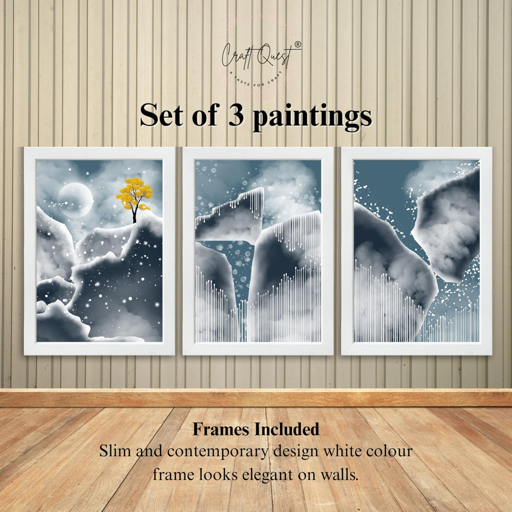 CRAFT QUEST Modern Art Abstract Blue Landscape Wall Art | Set of 3 Frames for Home Decoration | Ideal for Living Room, Bedroom & Offices