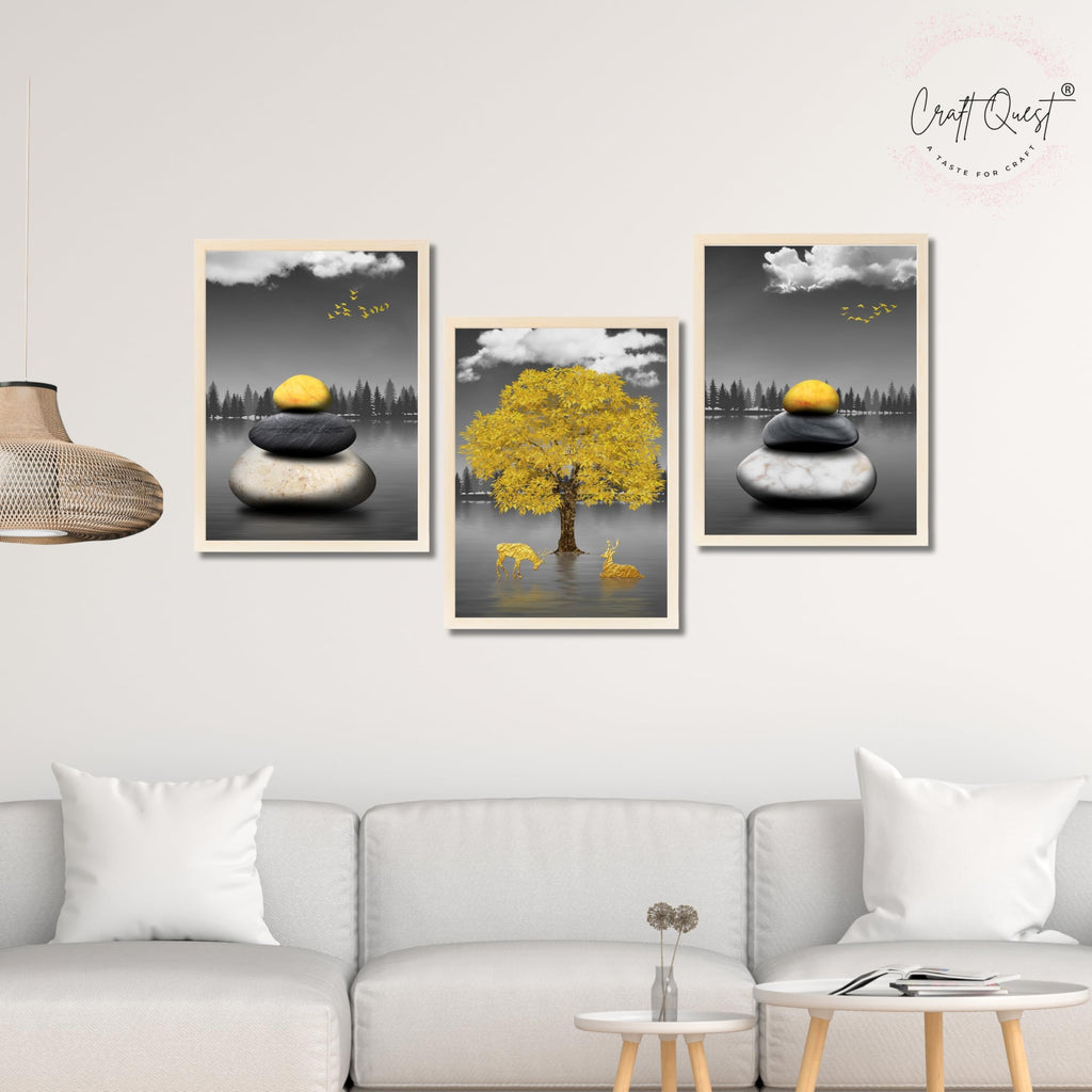 CRAFT QUEST Modern Art Geometric Landscapes Wall Art | Set of 3 Frames for Home Decoration | Ideal for Living Room, Bedroom & Offices