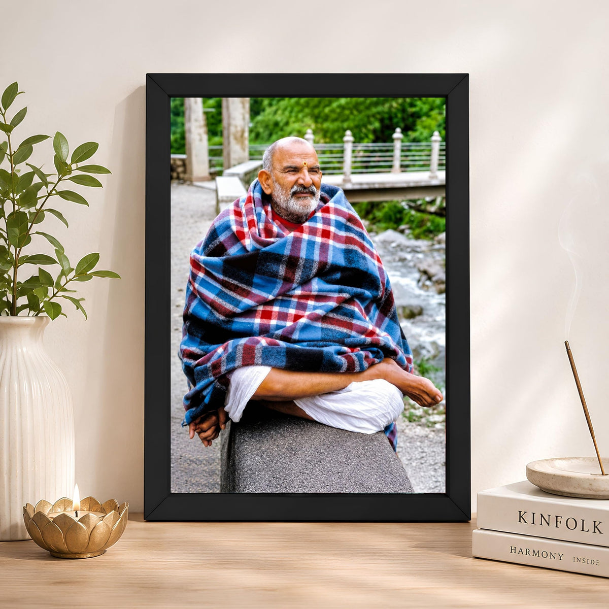 CRAFT QUEST Neem Karoli Baba Maharaj Ji Smiling Portrait Photo Frame for Wall | Spiritual Guru Religious Wall Art | Devotional Photo for Home, Mandir, Puja Room & Gifting