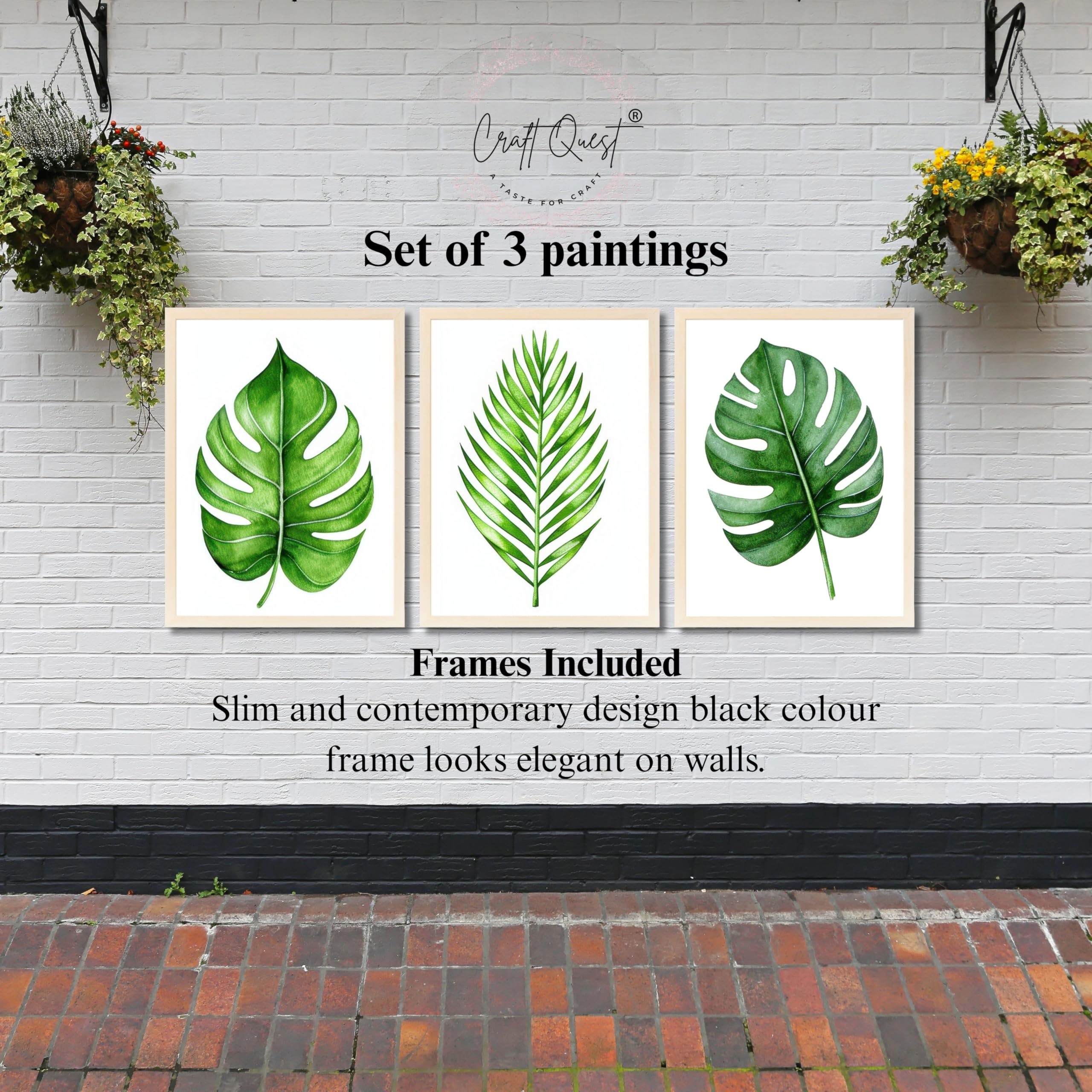 CRAFT QUEST Nature Inspired Exotic Leaves Modern Wall Art | Set of 3 Frames for Home Decoration | Ideal for Living Room, Bedroom & Offices
