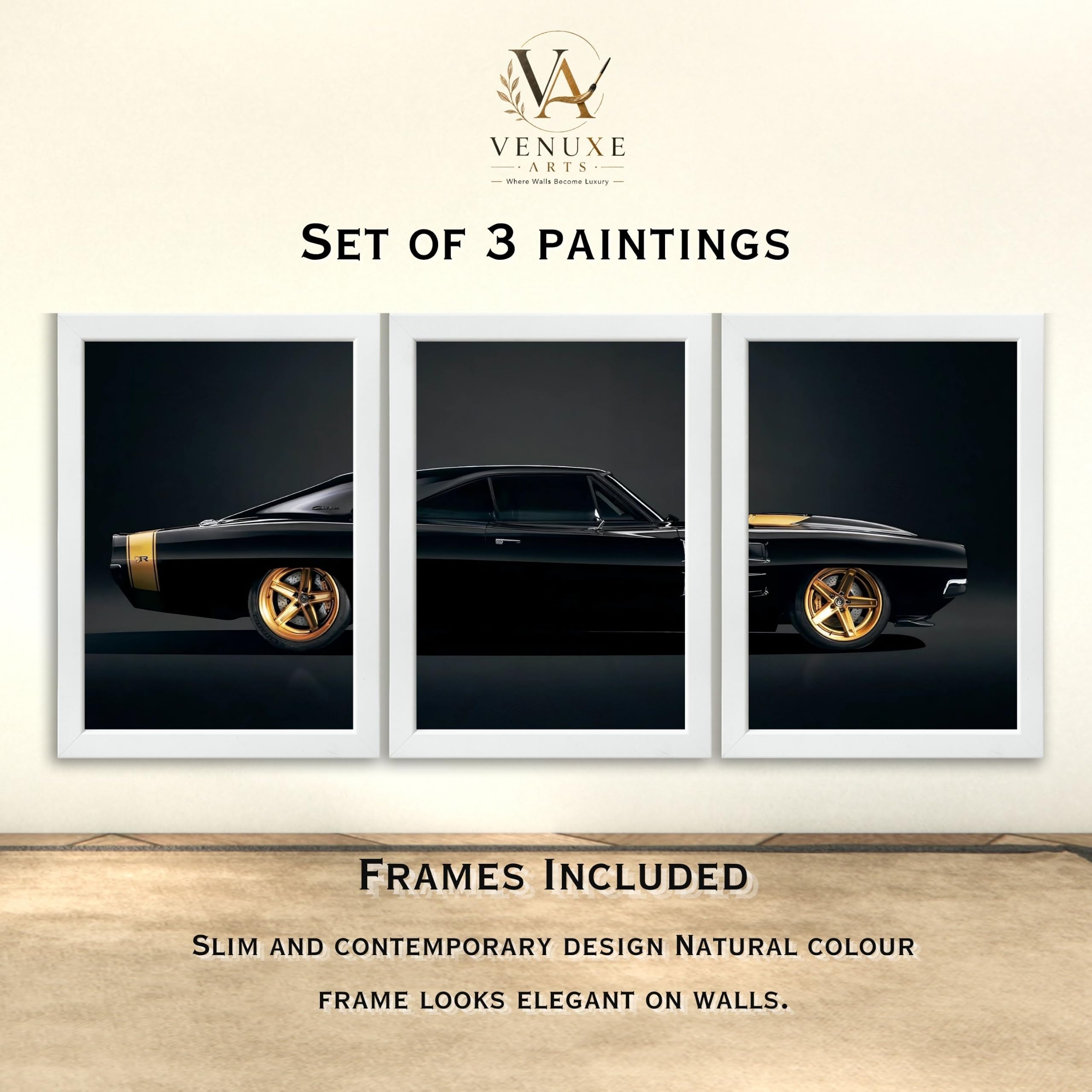 VENUXE ARTS Set Of 3 Big Sports Cars Framed Posters Gift Items for Boys Room Wall Decoration Bedroom Living Room Office Studio Décor | Car Poster Frame for Wall Décor
