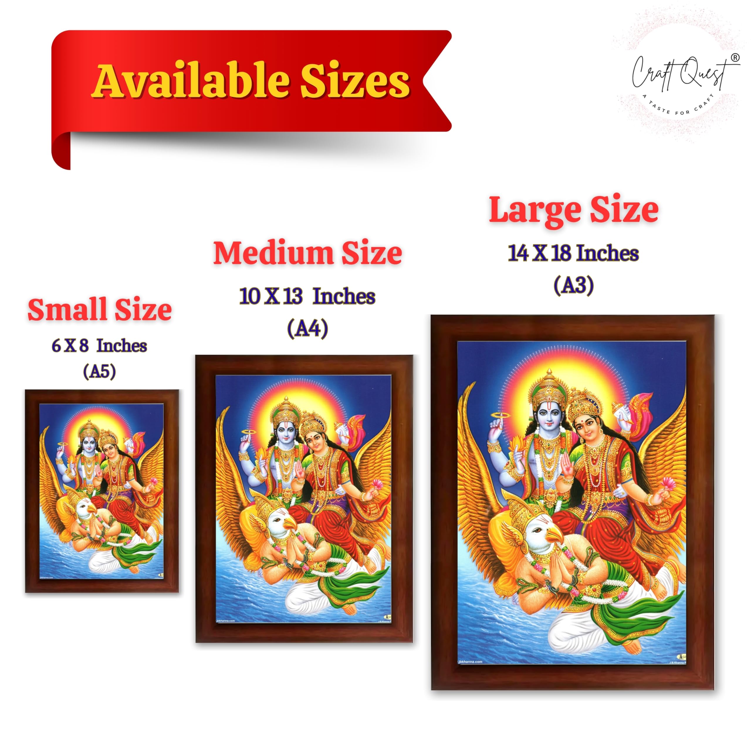CRAFT QUEST Lord Vishnu and Goddess Lakshmi Giving Blessing on Garud Jii, Glitter Work Painting wooden framed