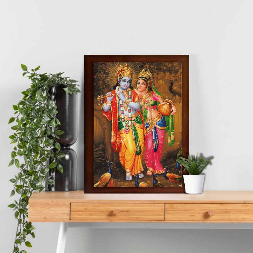 Craft Quest Radha Krishna Sparkle Coated Home Decorative Gift Item Framed Painting (10 X 14 Inches, Brown) RK1013-03