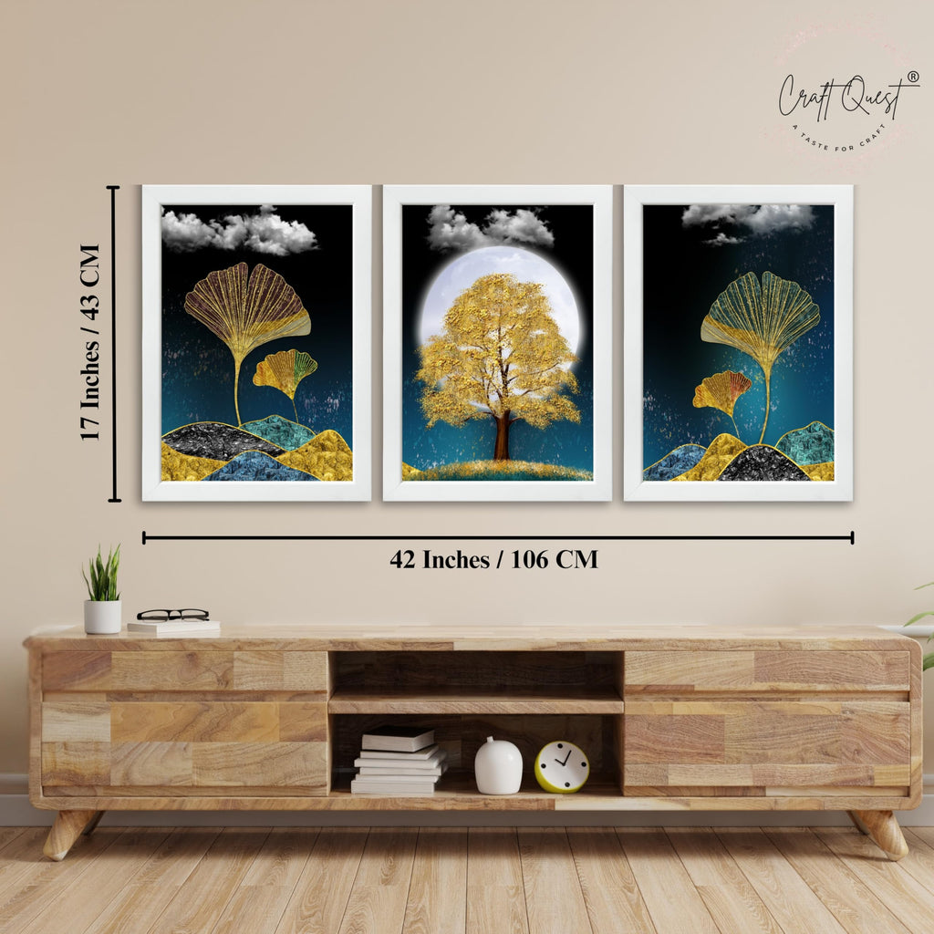 CRAFT QUEST Modern Art Mural With Golden Christmas Trees Wall Art | Set of 3 Frames for Home Decoration | Ideal for Living Room, Bedroom & Offices