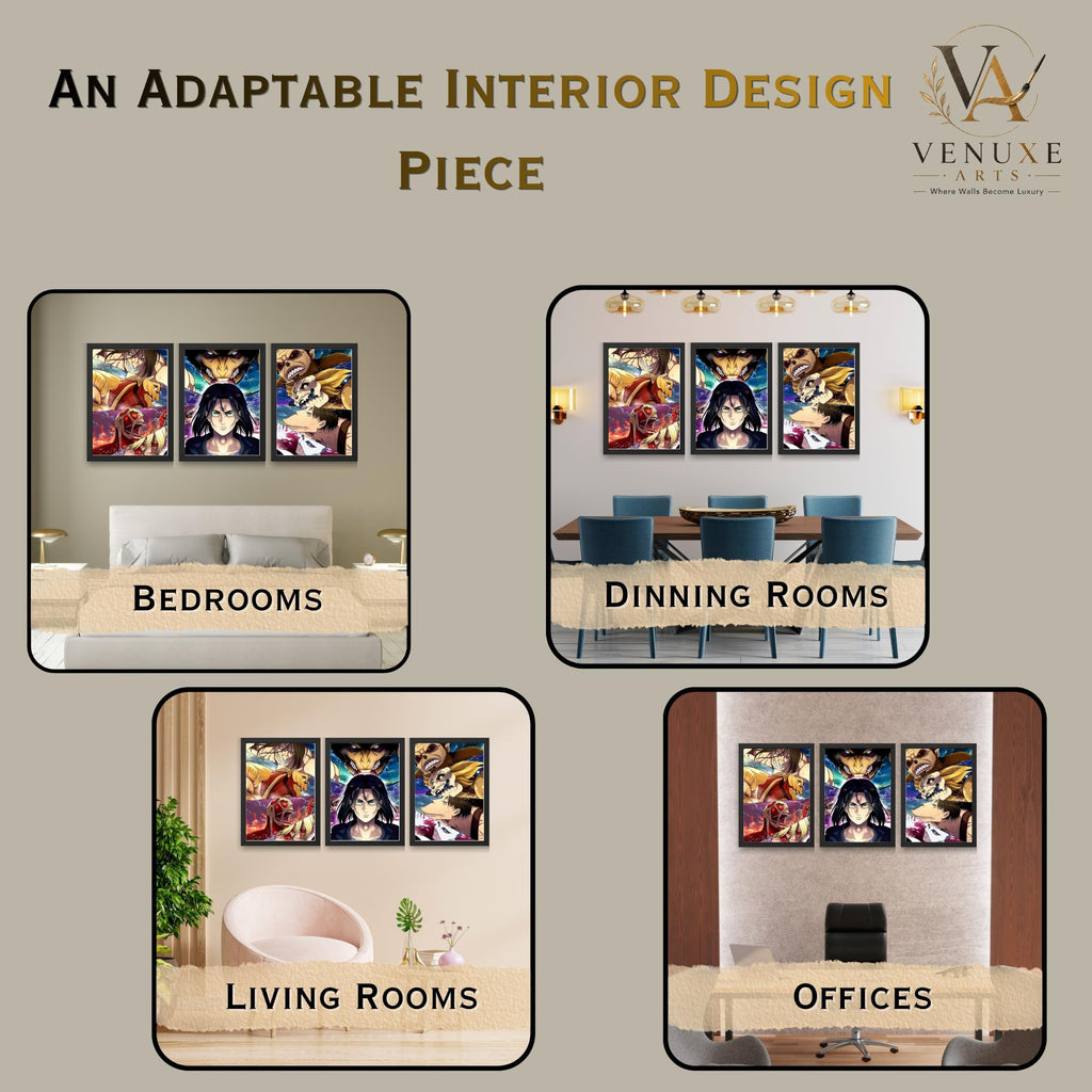 VENUXE ARTS Set Of 3 Anime Characters Wall Framed |Anime Characters Framed Poster for Living Room Bedroom Gaming Room Studio Wall Decor