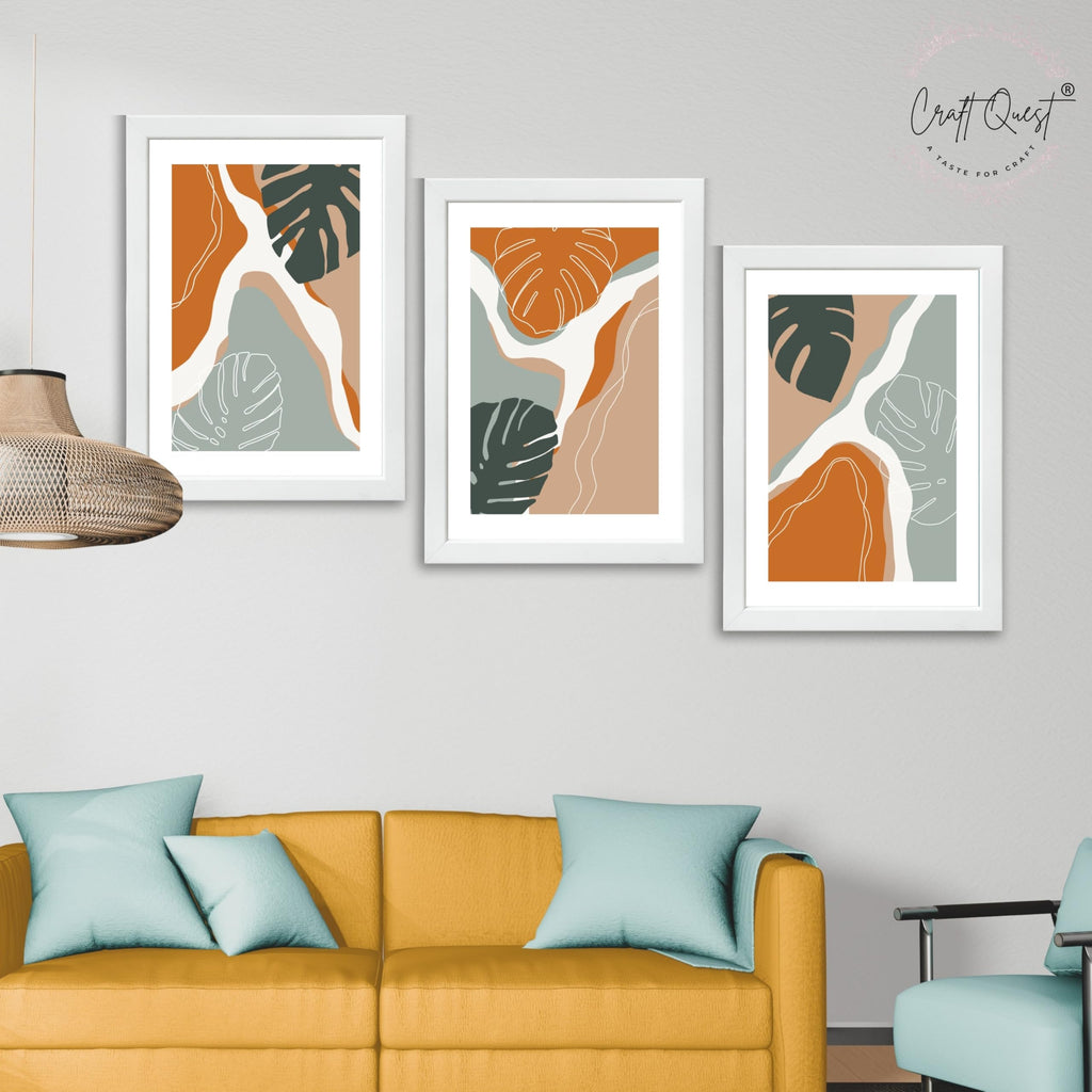 CRAFT QUEST SET OF 3 Organic Modern Leaf Wall Art | Set of 3 Frames for Home Decoration | Ideal for Living Room, Bedroom & Offices