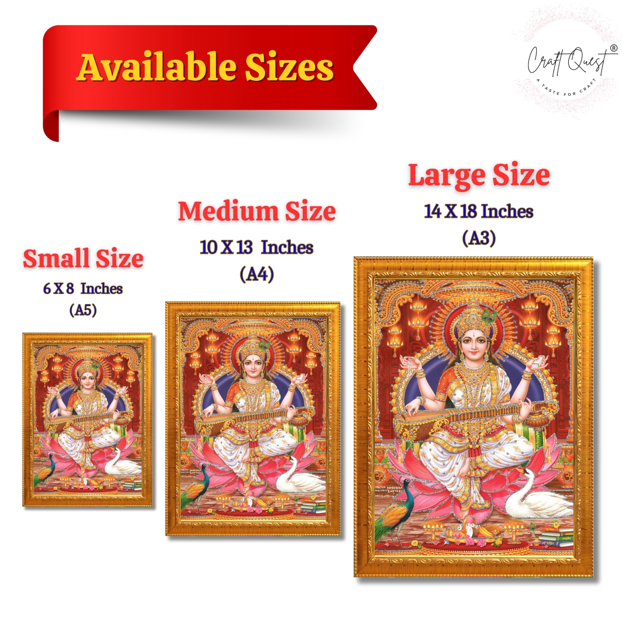 CRAFT QUEST Saraswati Devi Goddess Saraswati Maa Wall Painting Framed Home Decor wooden framed