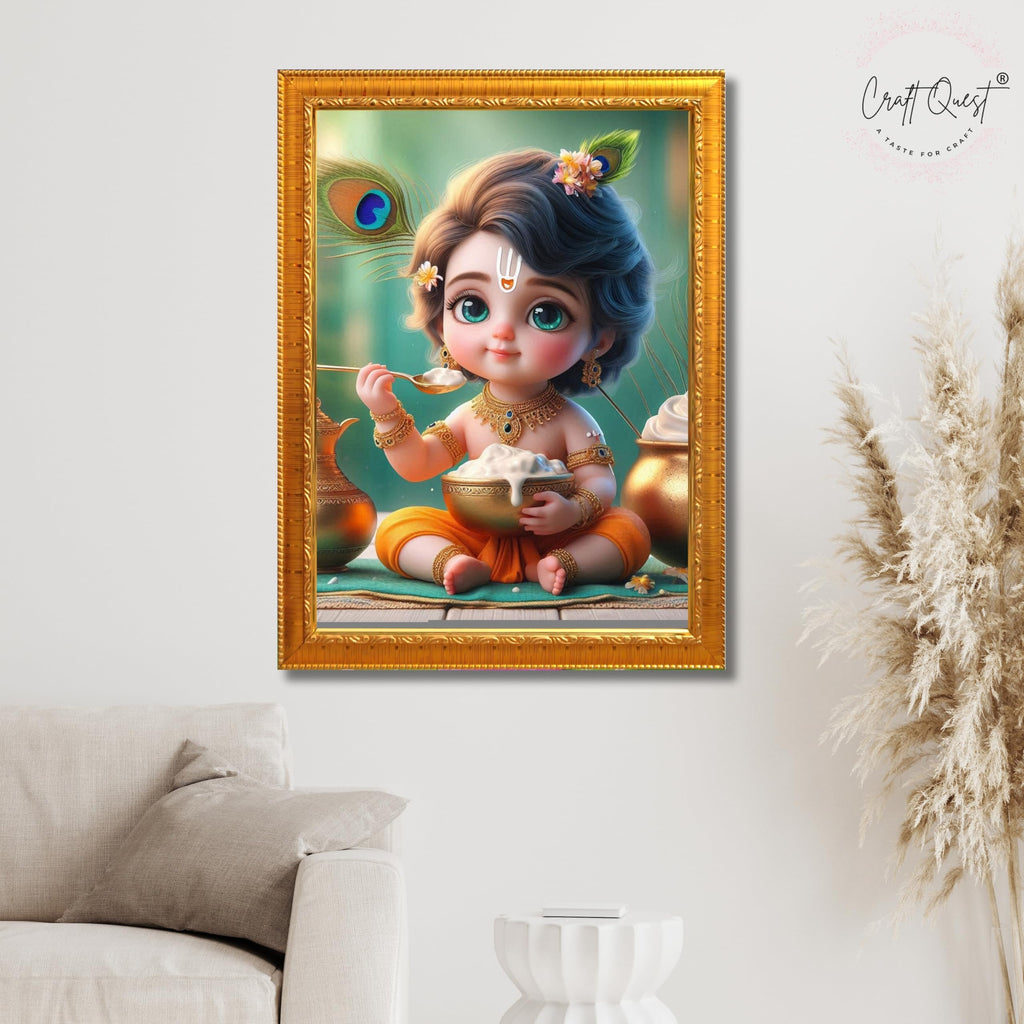 CRAFT QUEST Cute Baby Krishna HD Print | Little Krishna Frame for Home Temple, Office Desk, Car Dashboard