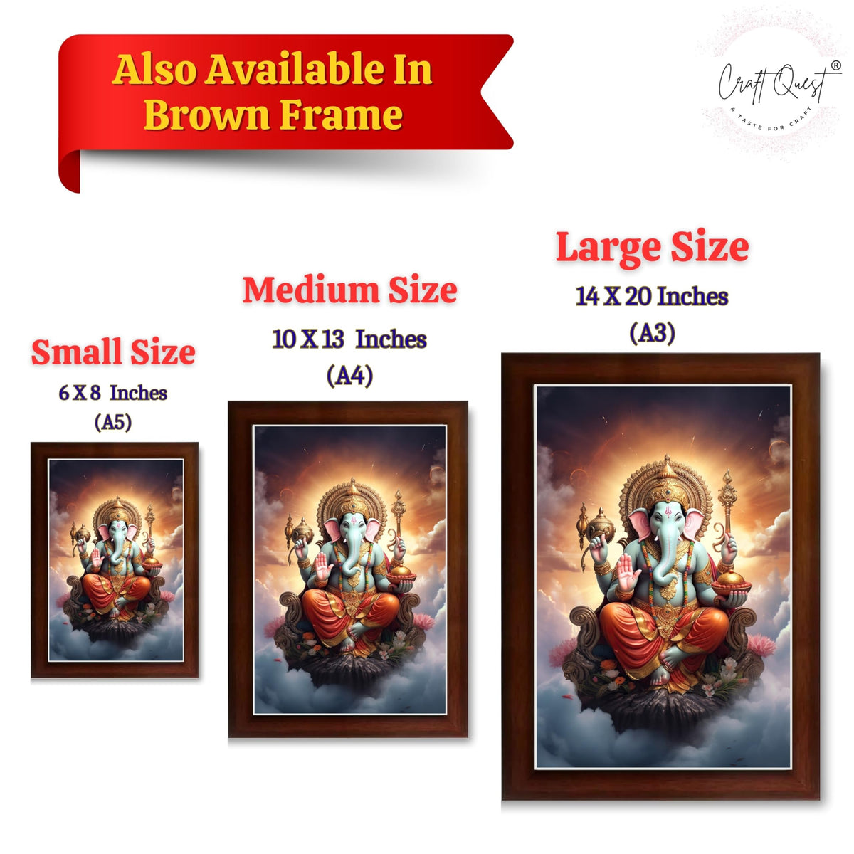 CRAFT QUEST God Ganesha Ganpati ji Photo Frame Wall Decor Mandir Pooja Poster Religious Painting Divine Hindu Temple Decoration Spiritual Blessings Home Office Gift