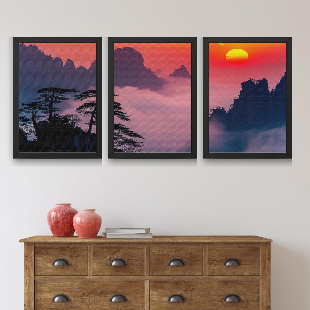 CRAFT QUEST Nature Inspired Mountains & Clouds Wall Art | Set of 3 Frames for Home Decoration | Ideal for Living Room, Bedroom & Offices