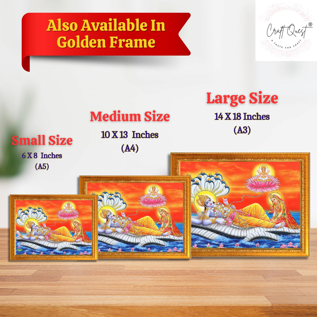 CRAFT QUEST Lord Vishnu and Goddess Lakshmi Giving Blessing on Shesh naag, landscape Glitter Work Painting Synthetic Wood Frame