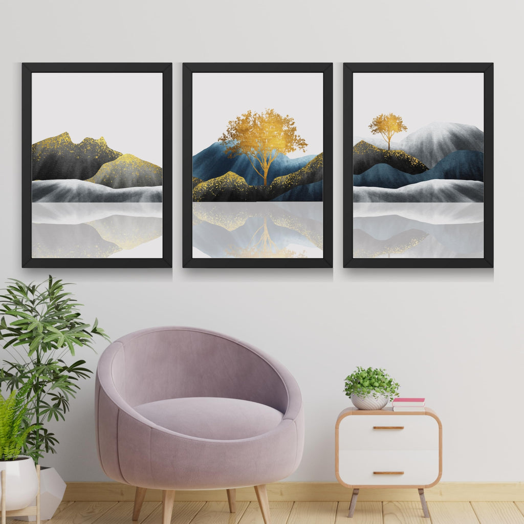 CRAFT QUEST Modern Abstract Golden Trees & Mountains | Set of 3 Frames for Home Decoration | Ideal for Living Room, Bedroom & Offices