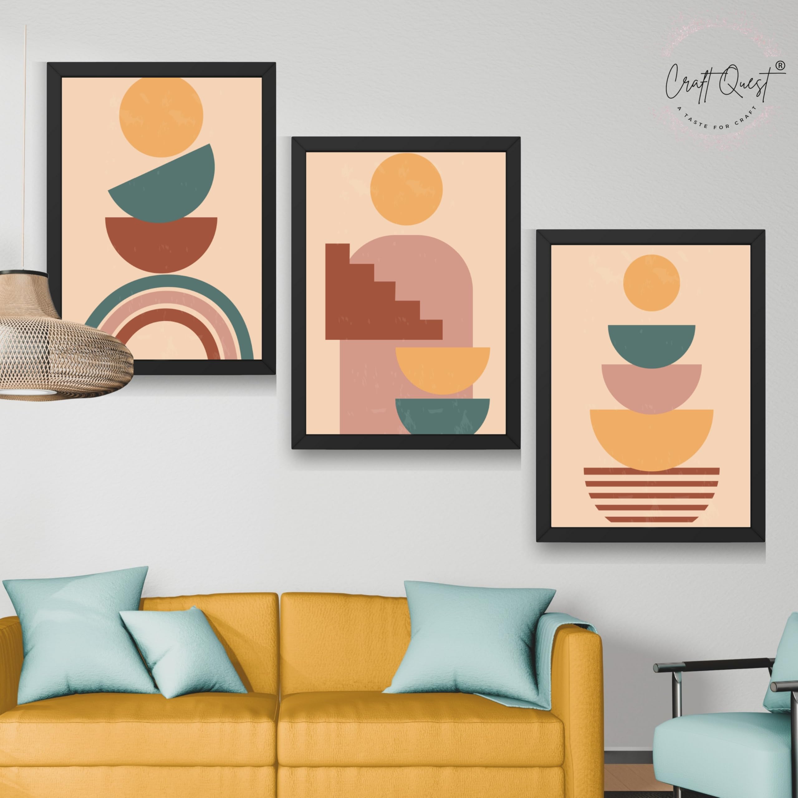 CRAFT QUEST Wall Art Decor Paintings | Set of 3 BOHO Wall Art Frames for Home Decoration | Ideal for Living Room, Offices & Bedrooms