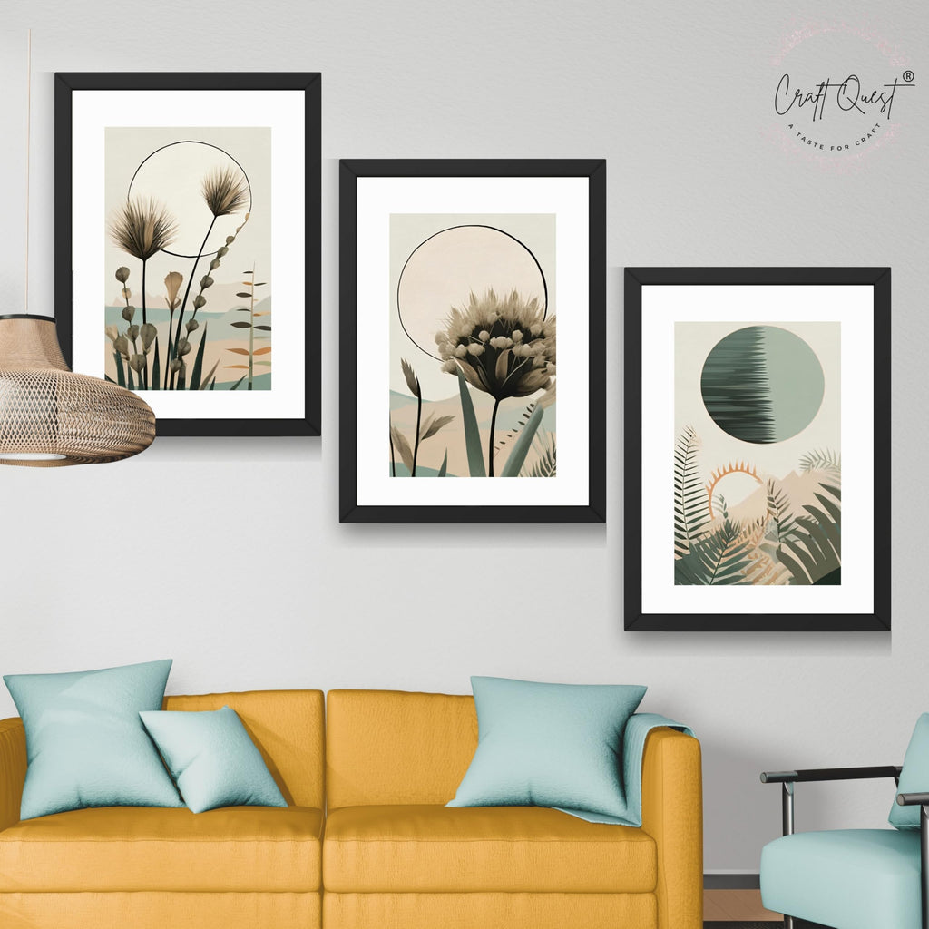 CRAFT QUEST Boho Abstract Flowers & Leaves | Set of 3 Frames for Home Decoration | Ideal for Living Room, Bedroom & Offices