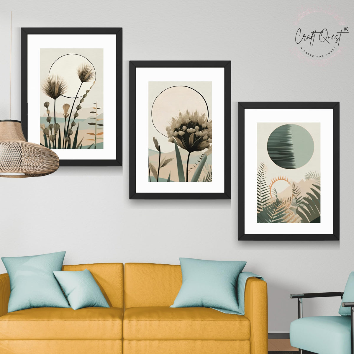 CRAFT QUEST Boho Abstract Flowers & Leaves | Set of 3 Frames for Home Decoration | Ideal for Living Room, Bedroom & Offices