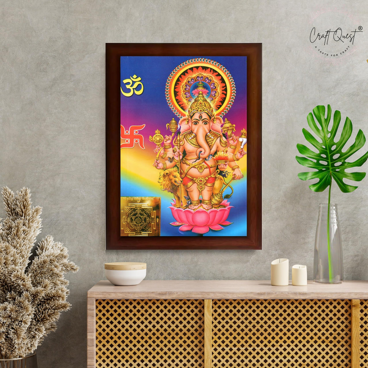 CRAFT QUEST Drishti Ganapathi for Entrance Vastu Ganesha Wall Painting Framed Home Decor | Religious God Picture Frame for Home, Office, Temple & Gifting