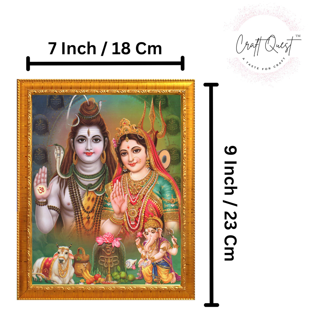 CRAFT QUEST Shiv Parivar (Maa Parvati, Ganesh, Kartikey and Shiv Shankar) Religious Wood Photo Frame with Acrylic Glass for Pooja Room (Golden, 7 X 9 Inch)