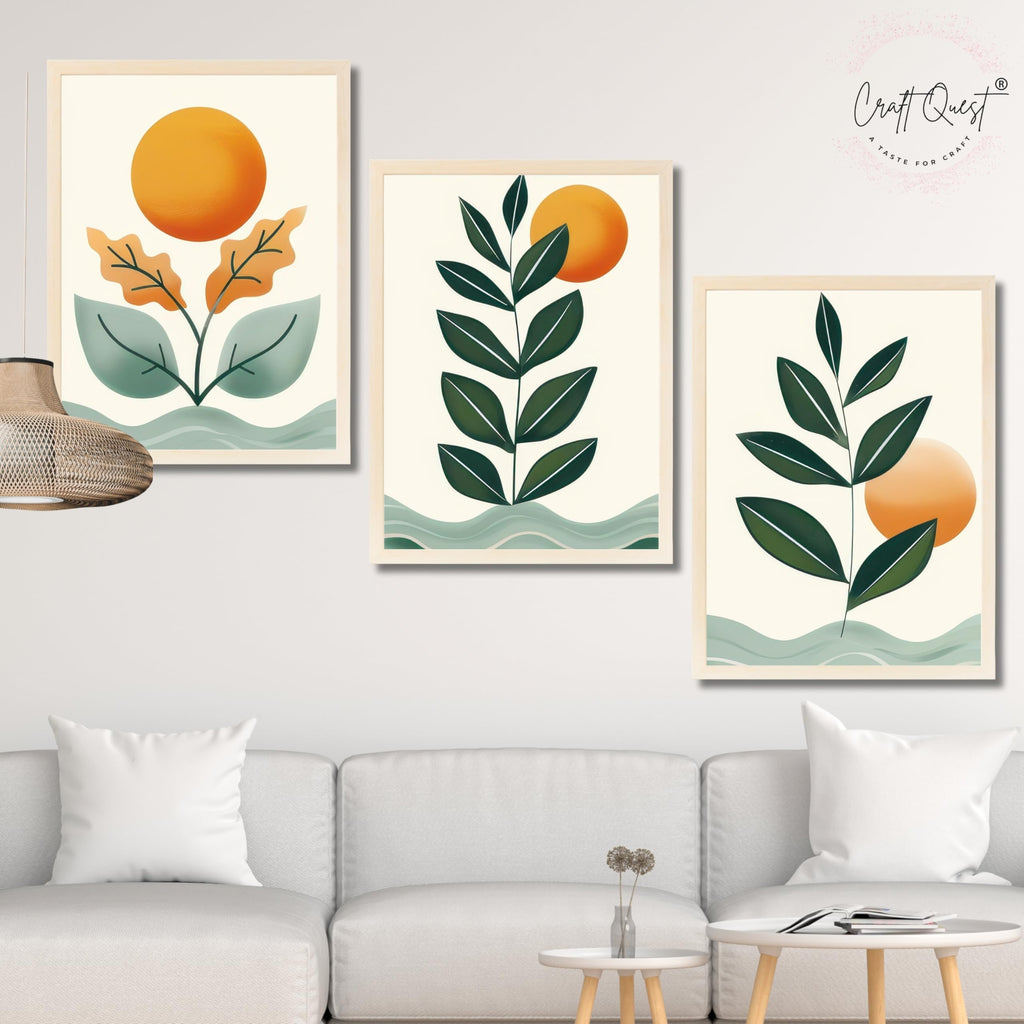 CRAFT QUEST Nature Inspired Sun & Moon Modern Boho Wall Art | Set of 3 Frames for Home Decoration | Ideal for Living Room, Bedroom & Offices