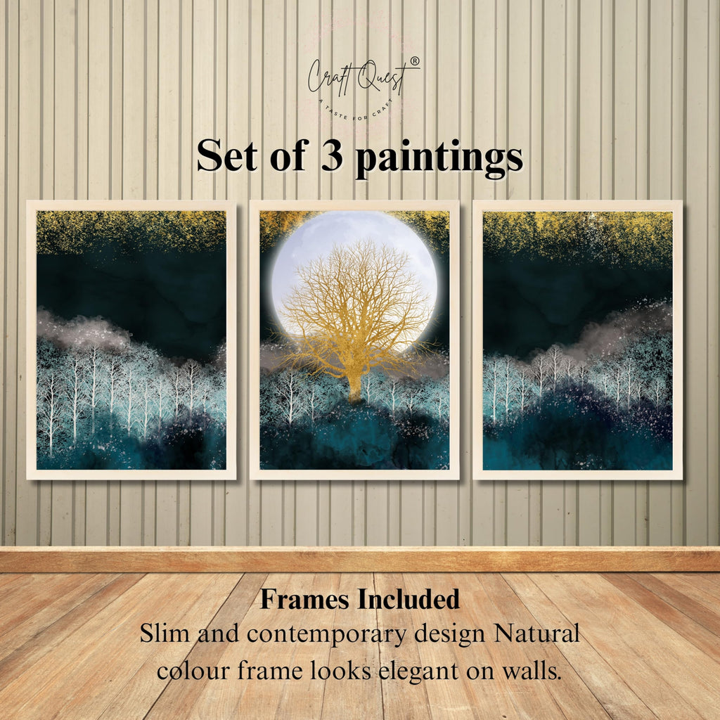 CRAFT QUEST Modern Art Christmas Trees & Mountains Landscape Wall Art | Set of 3 Frames for Home Decoration | Ideal for Living Room, Bedroom & Offices