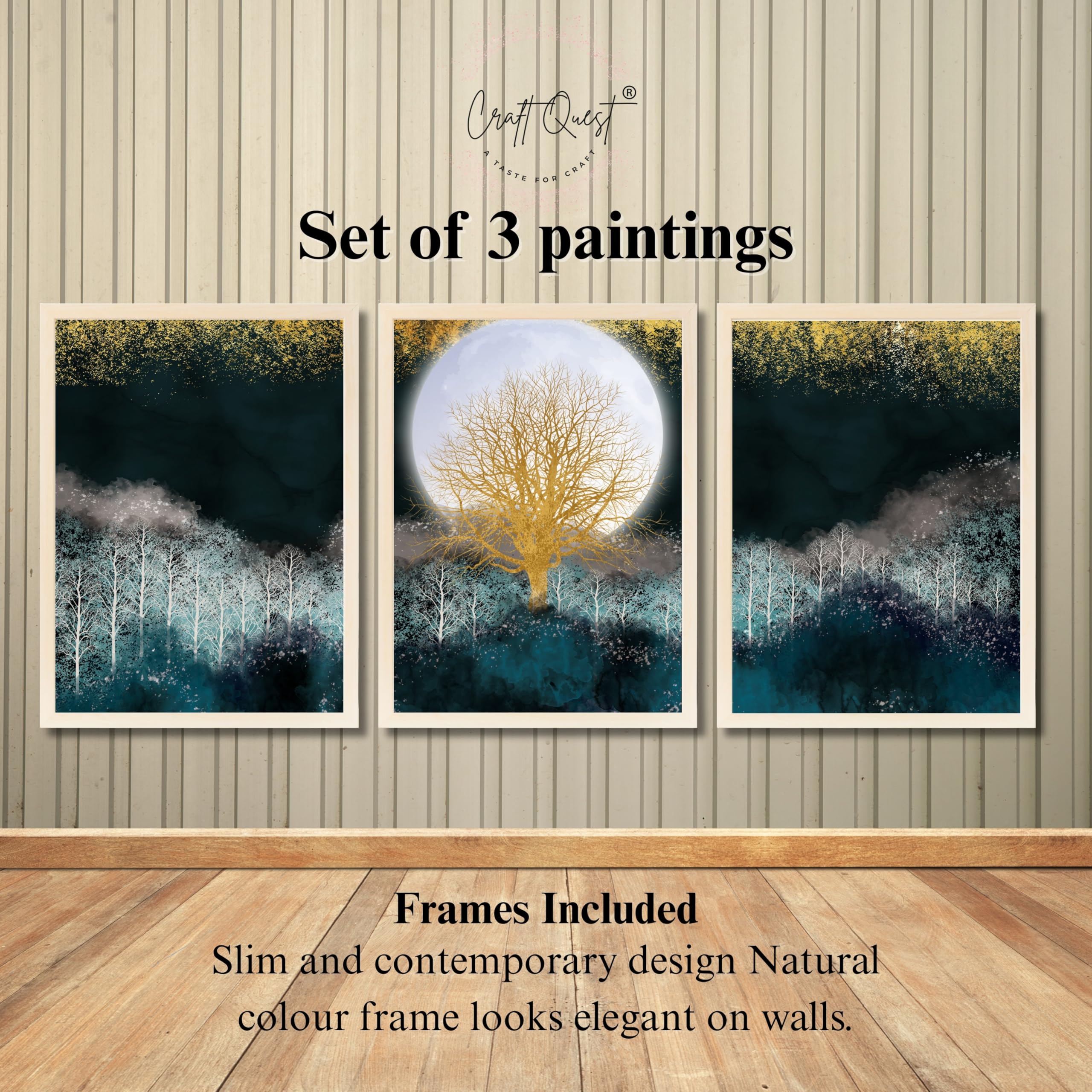 CRAFT QUEST Modern Art Christmas Trees & Mountains Landscape Wall Art | Set of 3 Frames for Home Decoration | Ideal for Living Room, Bedroom & Offices