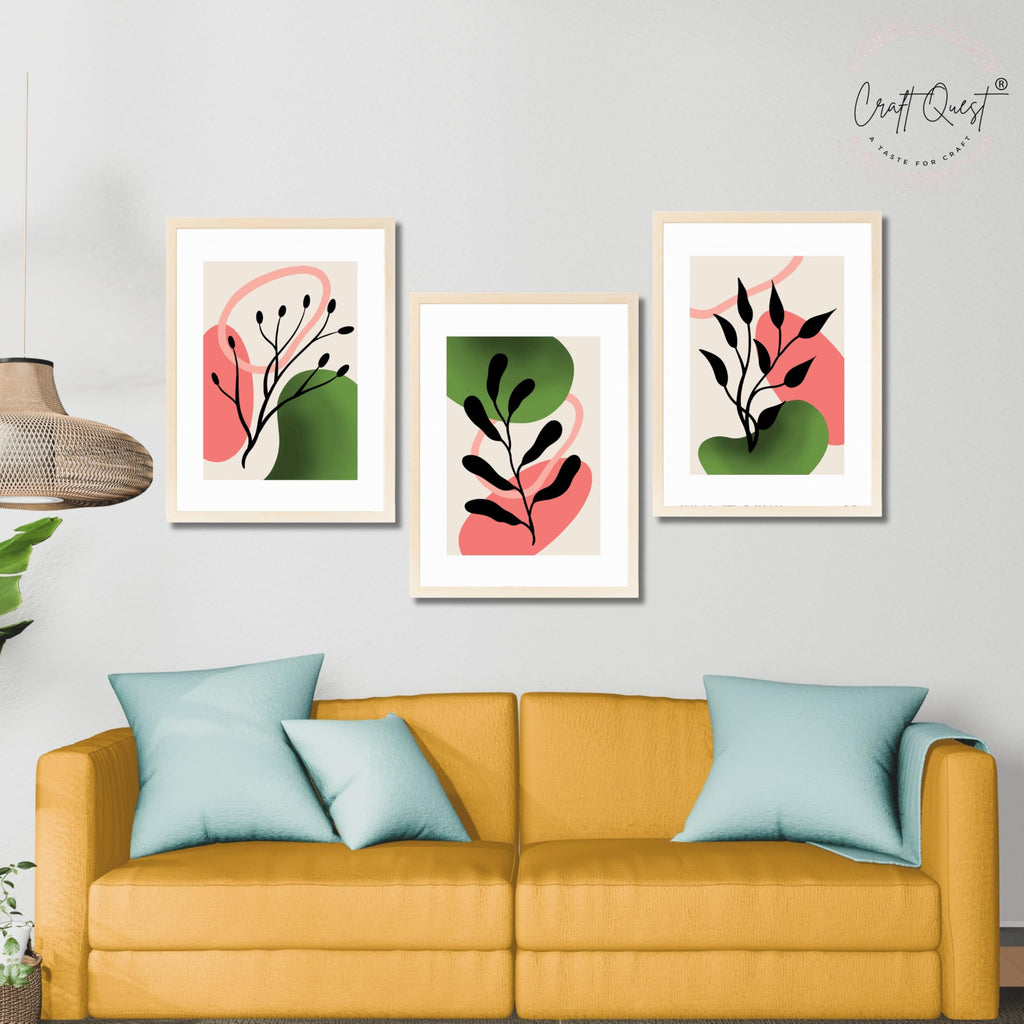 CRAFT QUEST Nature Inspired Abstract Shape & Leaf Wall Art | Set of 3 Frames for Home Decoration | Ideal for Living Room, Bedroom & Offices