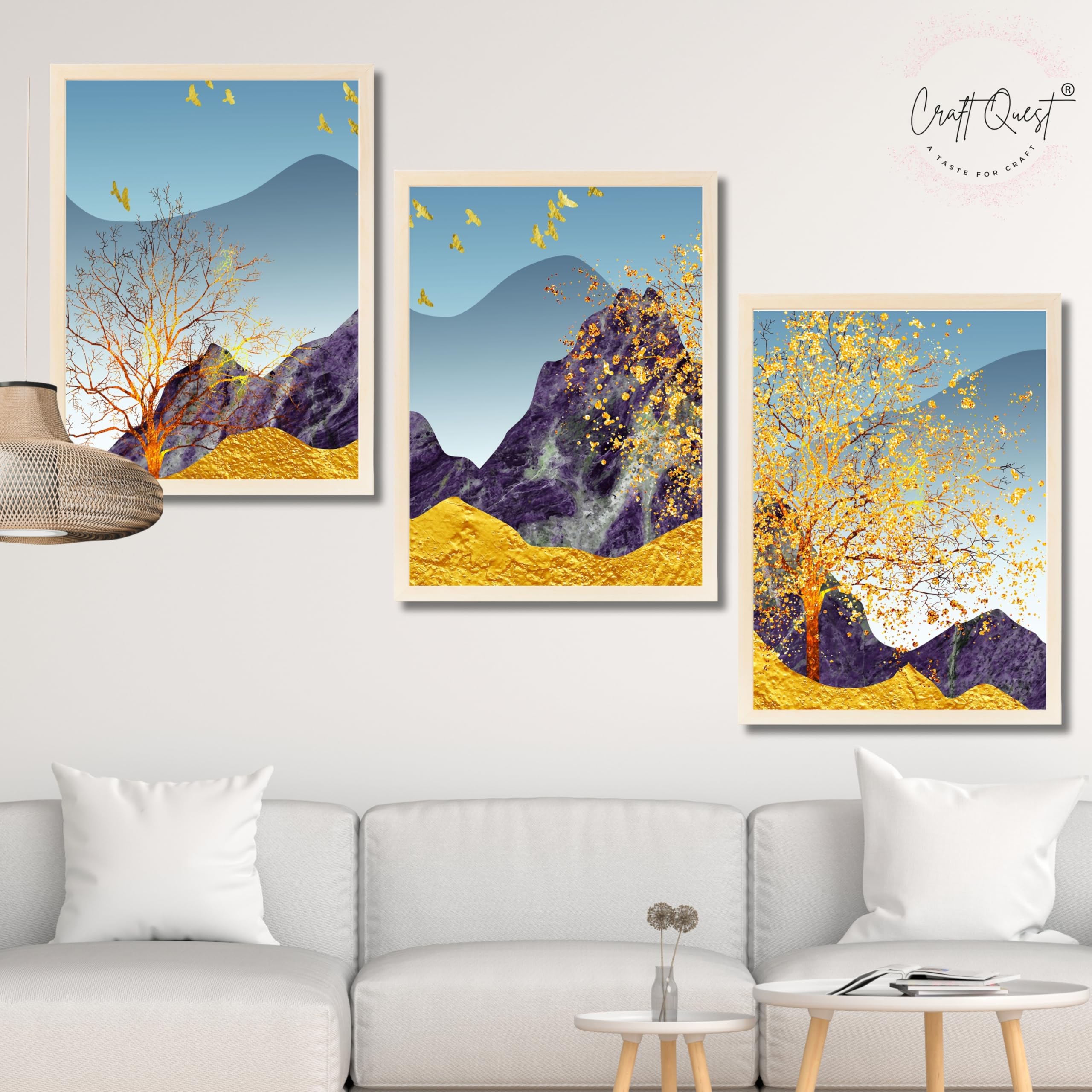 CRAFT QUEST Modern Art Abstract Porch Golden Trees Wall Art | Set of 3 Frames for Home Decoration | Ideal for Living Room, Bedroom & Offices