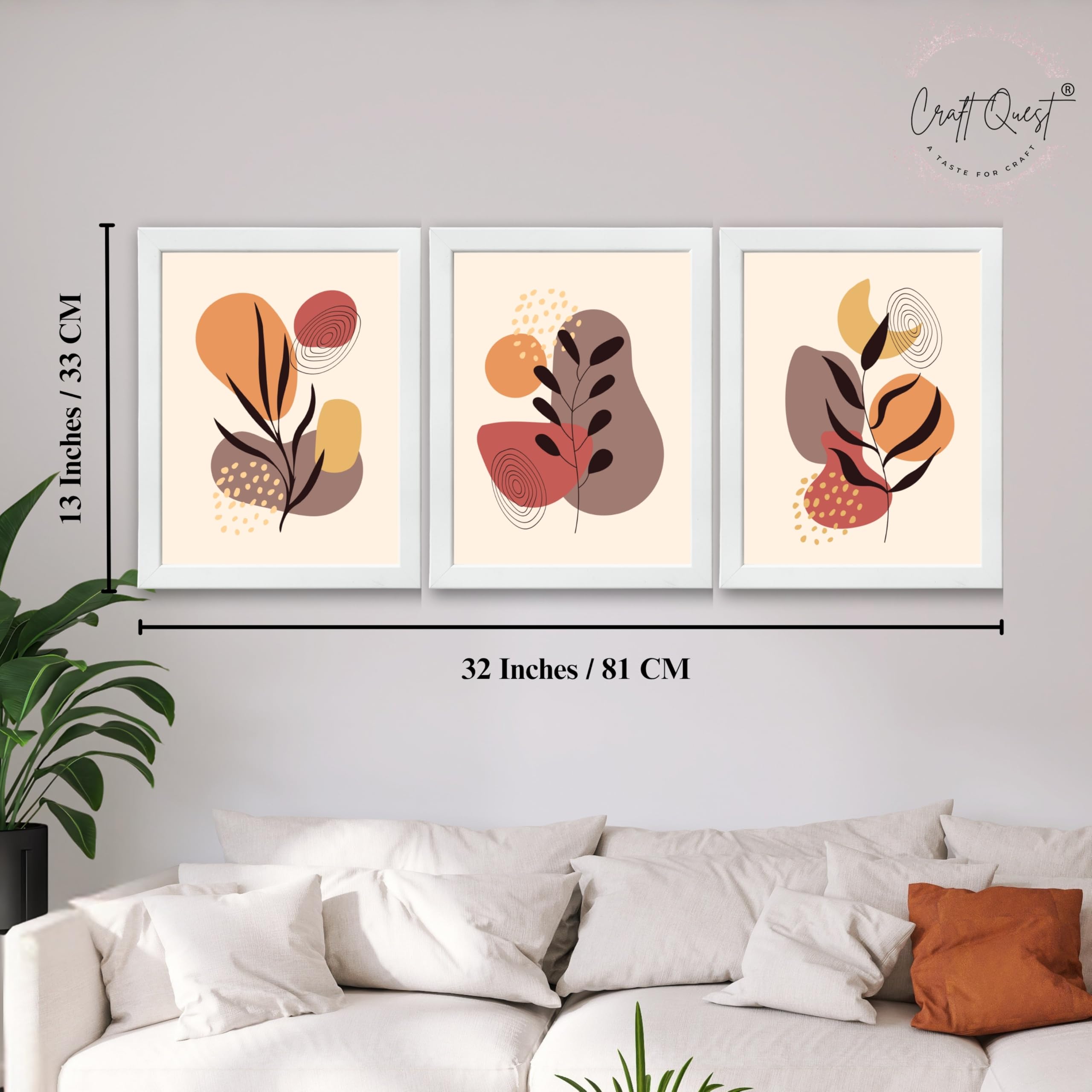 CRAFT QUEST Wall Art Decor Paintings | Set of 3 BOHO Wall Art Frames for Home Decoratio | Ideal for Living Room, Office & Bedrooms