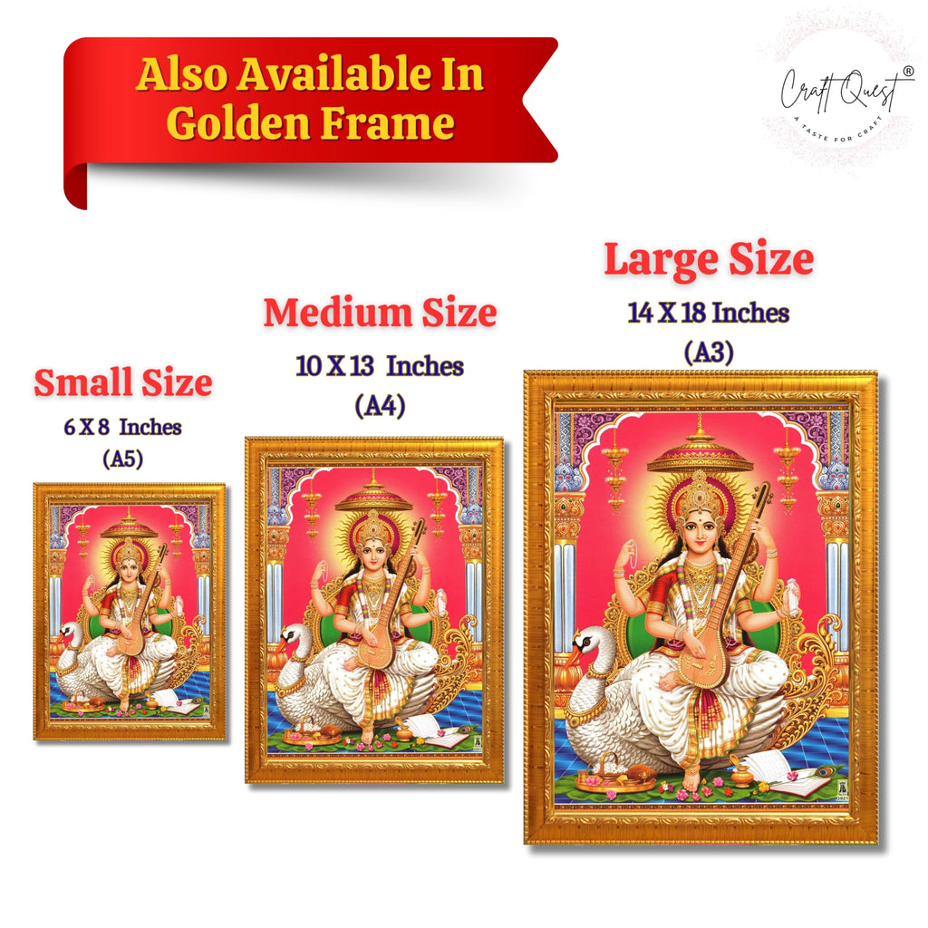 CRAFT QUEST Saraswati Devi Goddess Saraswathi Maa Wall Painting Sparkle Coated Framed Home Décor Synthetic wooden Framed