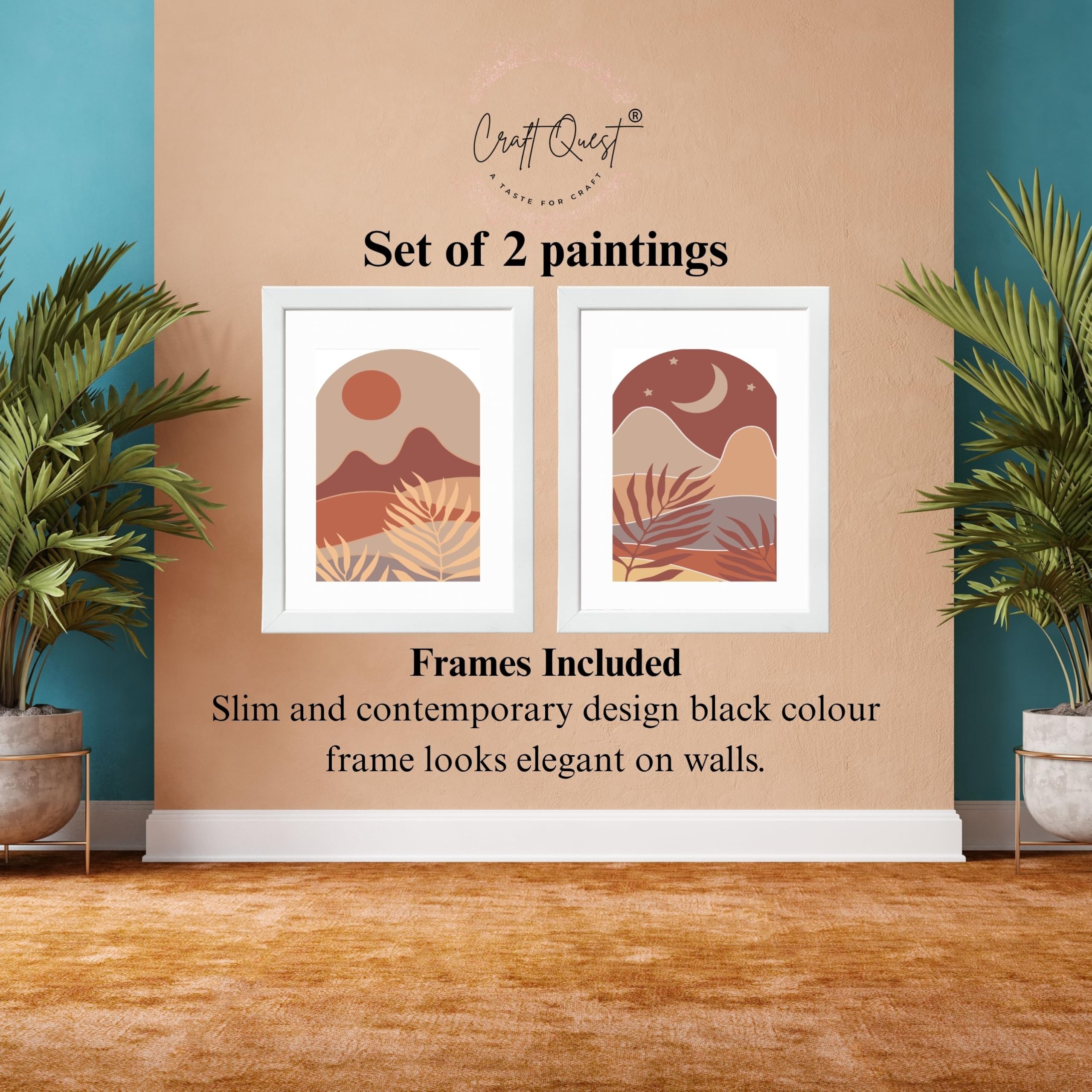 CRAFT QUEST Wall Art Decor Paintings | Set of 2 BOHO Wall Art Frames for Home Decoration | Ideal for Living Room, Bedroom & Office