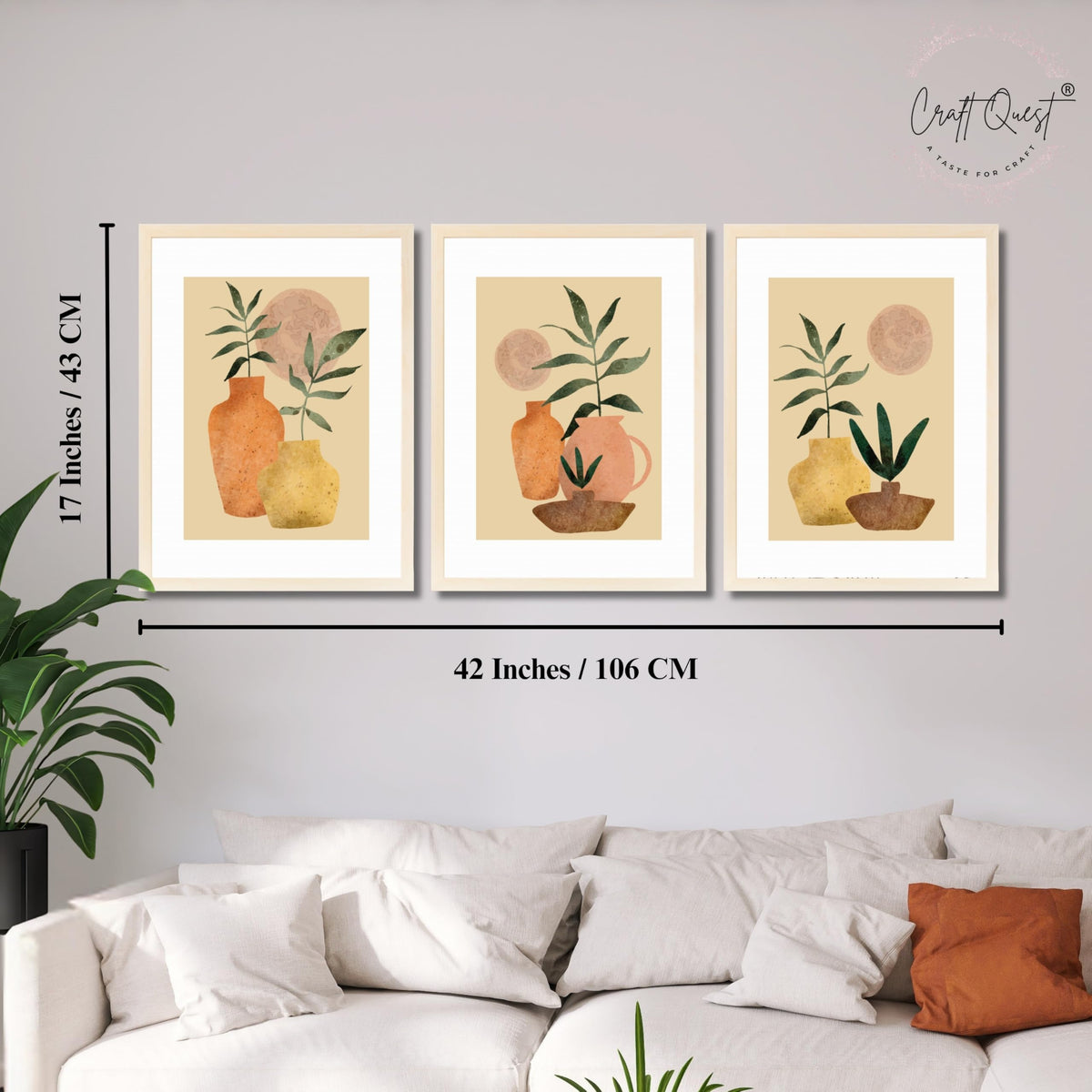 CRAFT QUEST Wall Art Decor Paintings | Set of 3 BOHO Wall Art Frames for Home Decoration | Ideal for Living Room, Bedroom & Office