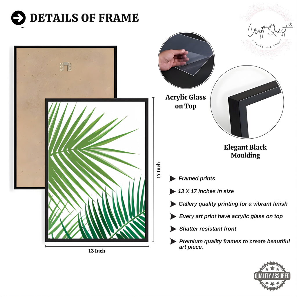 CRAFT QUEST Nature Inspired Tropical Palm Leaf Modern Wall Art | Set of 3 Frames for Home Decoration | Ideal for Living Room, Bedroom & Offices